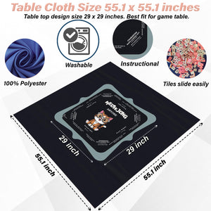 Cute Kitten Blue Rim Mahjong Tablecloth with Instructions - Perfect for Mahjong Lovers