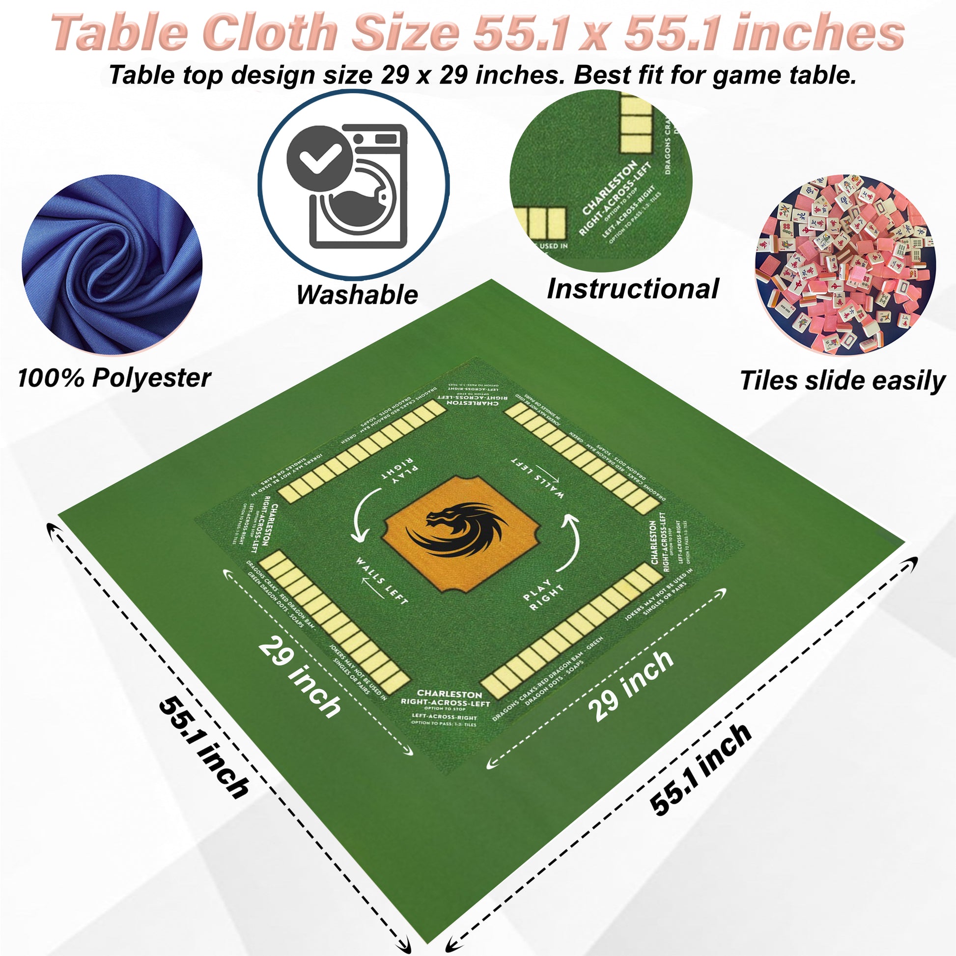 Mahjong Mat with Instructions - Mahjong Tablecloth Size 55 x 55, Mahjong with Rules, great for beginners learning how to play
