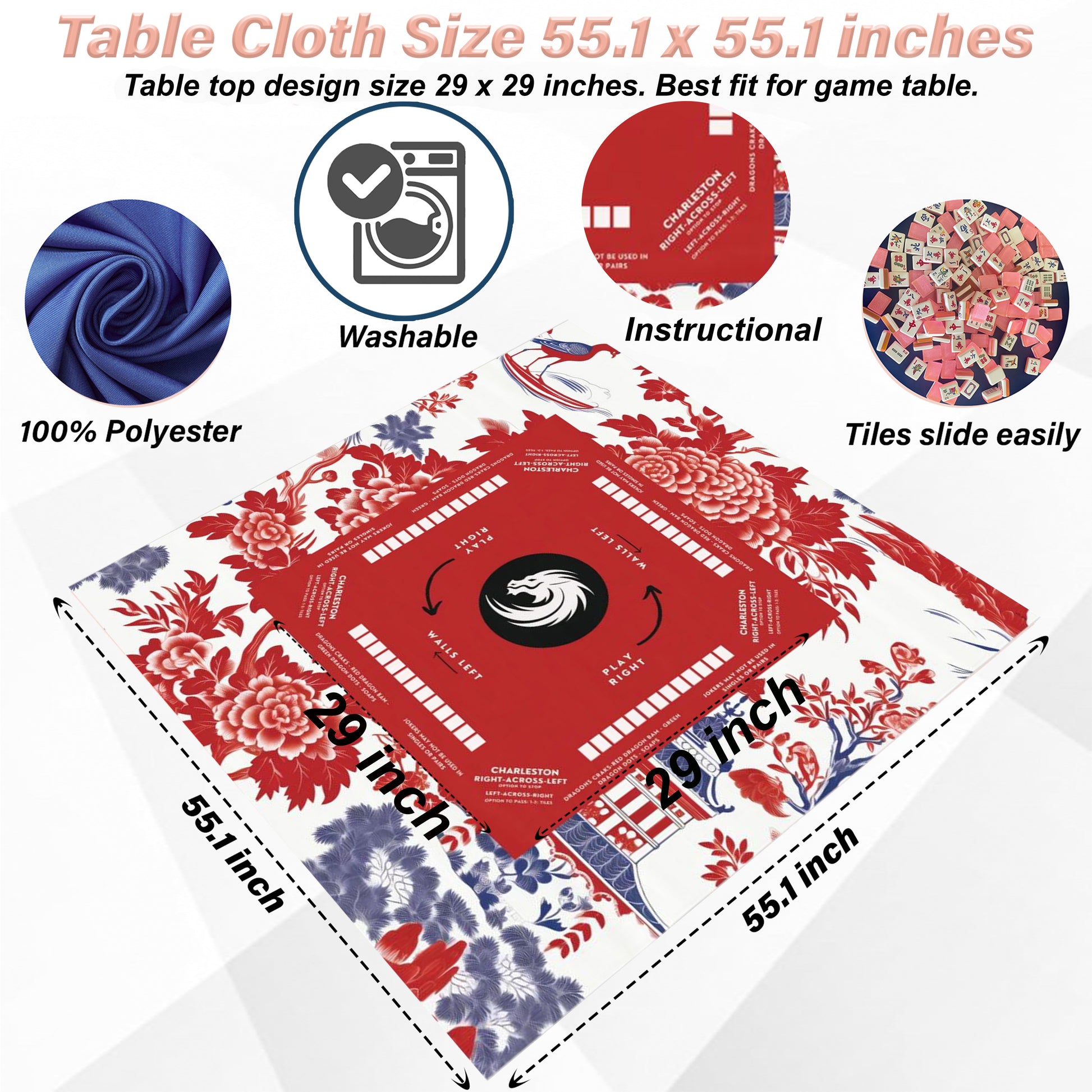 Red Mahjong table cloth, Serene Bamboo Breeze Mahjong, Red and blue Chinoiserie Design, size 55.1" by 55.1", Mahjong with instructions
