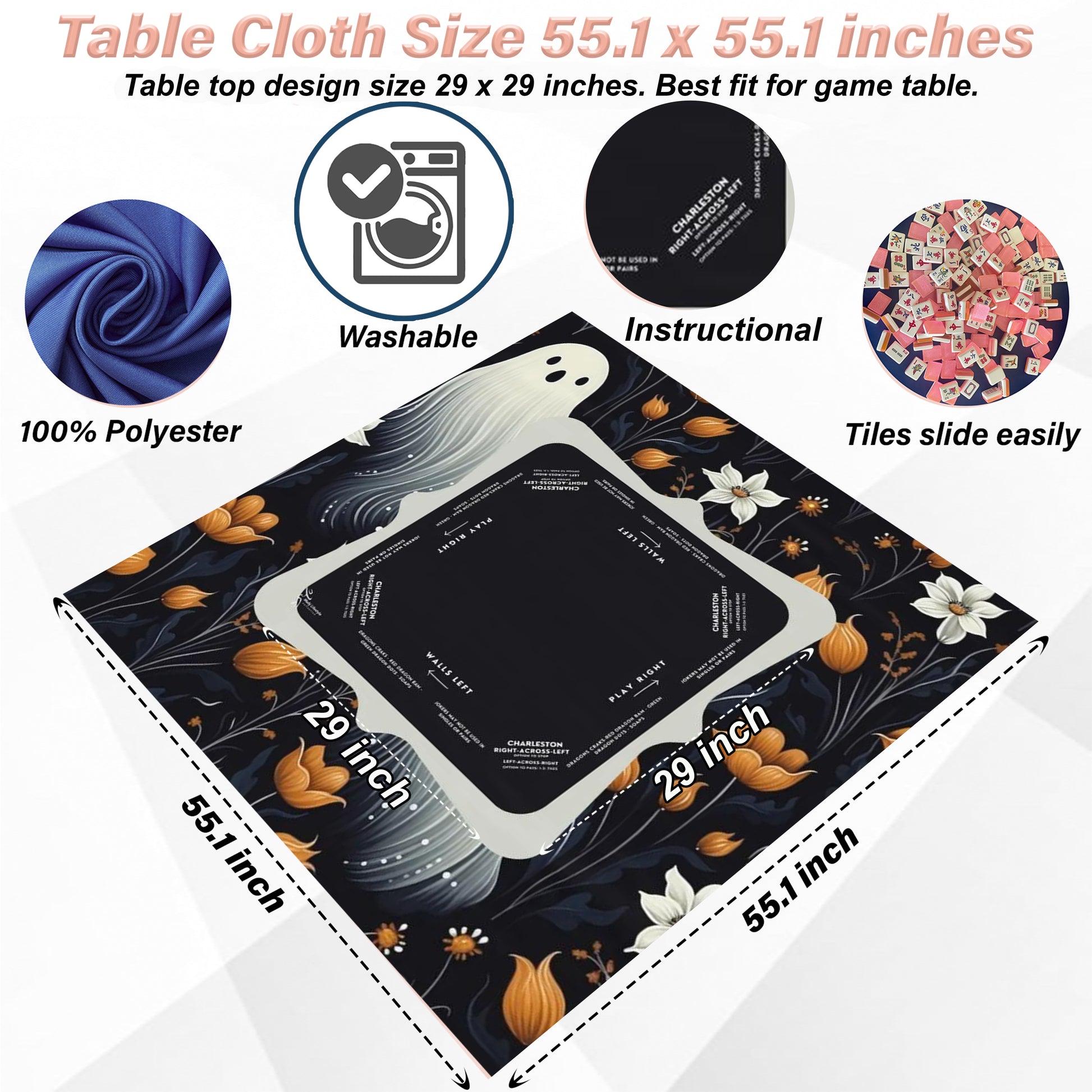 Halloween Mahjong Instructional Tablecloth - Perfect for Events, Mahjong Games, and Halloween Parties, black