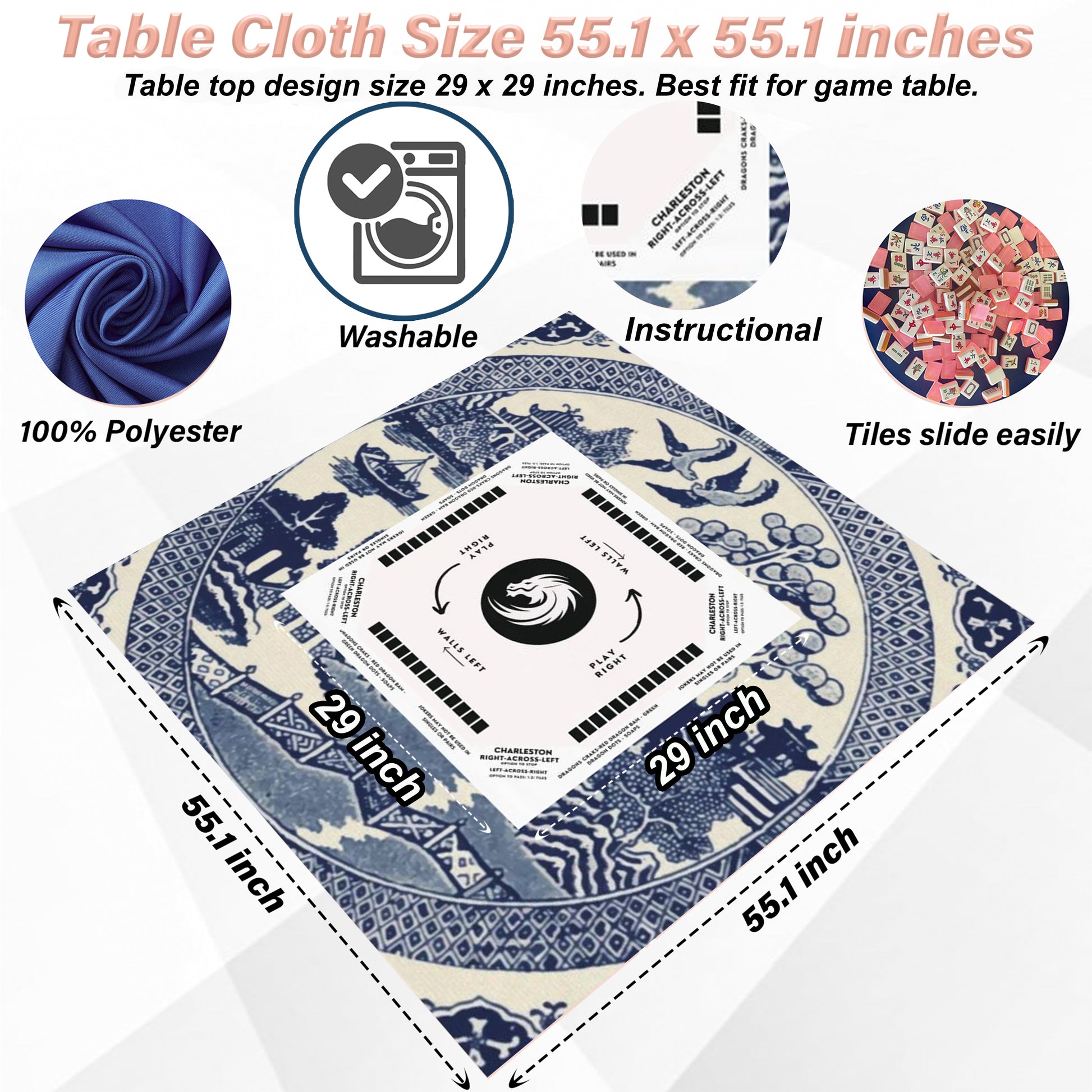 Modern Zen Mahjong Tablecloth with Instructions - Mah jongg Table cover Size 55 x 55, great for beginners learning how to play