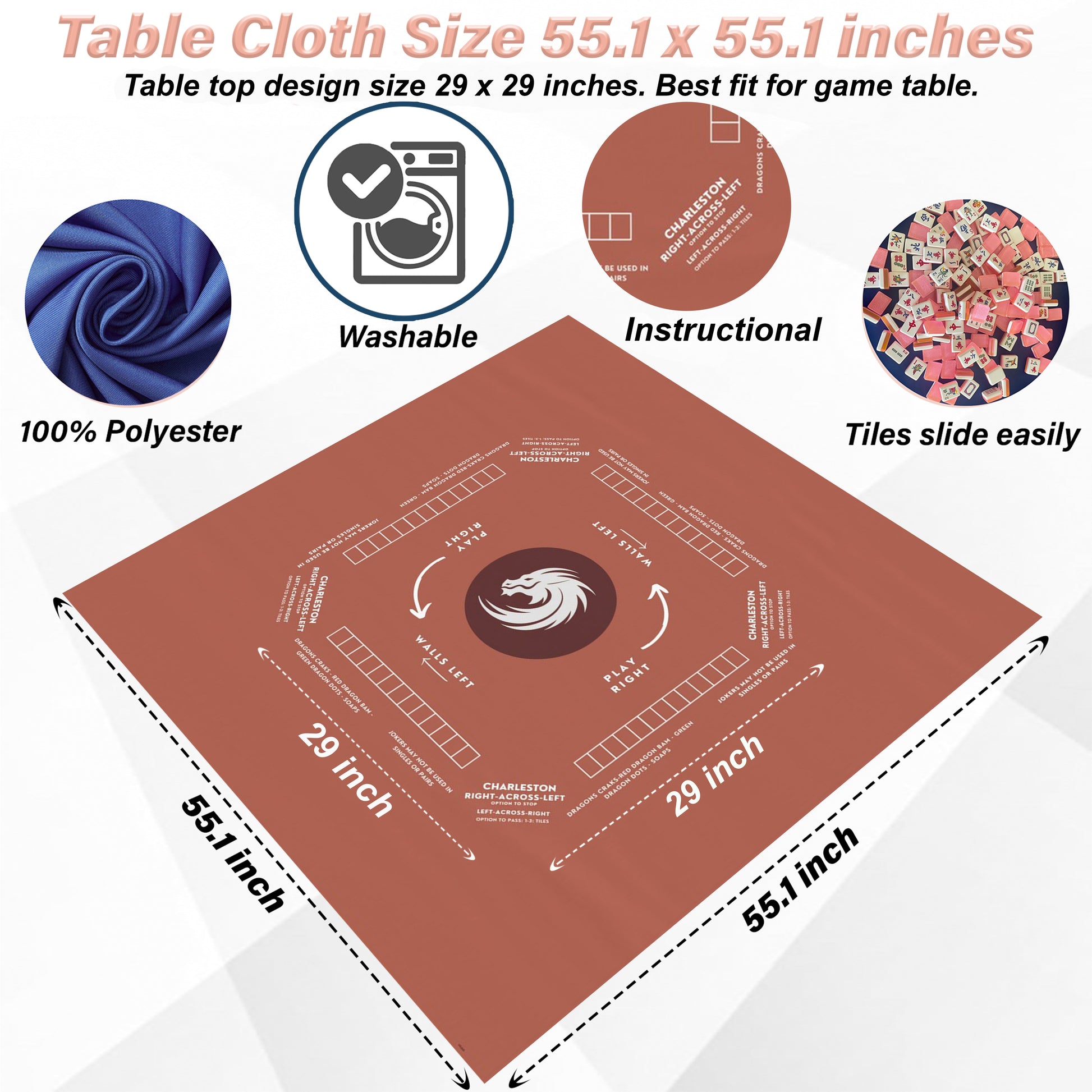 Mahjong Mat with Instructions - Mahjong Tablecloth Size 55 x 55, Mahjong with Rules, great for beginners learning how to play