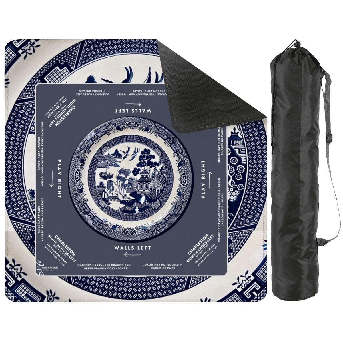 Chinoiserie Mahjong Mat with Storage Case | Classic Blue & White Table Mat