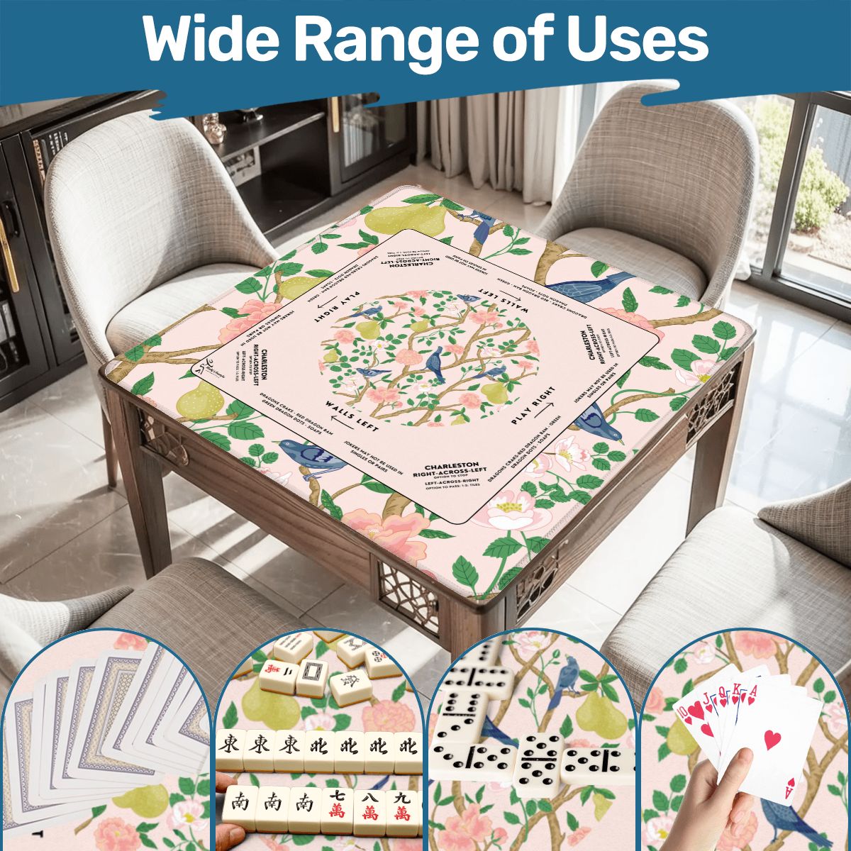 Blue Bird Design Mahjong Mat 31.5 x 31.5   - Durable Surface for Great Game Nights