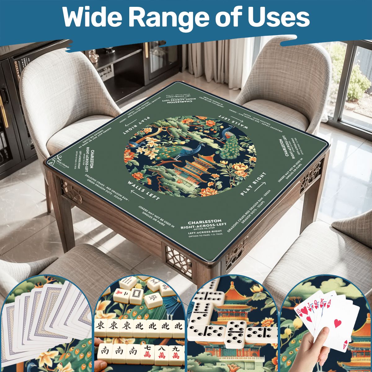 Green Peacock Mahjong Mat 31.5 x 31.5 - Smooth Surface for Great Game Nights