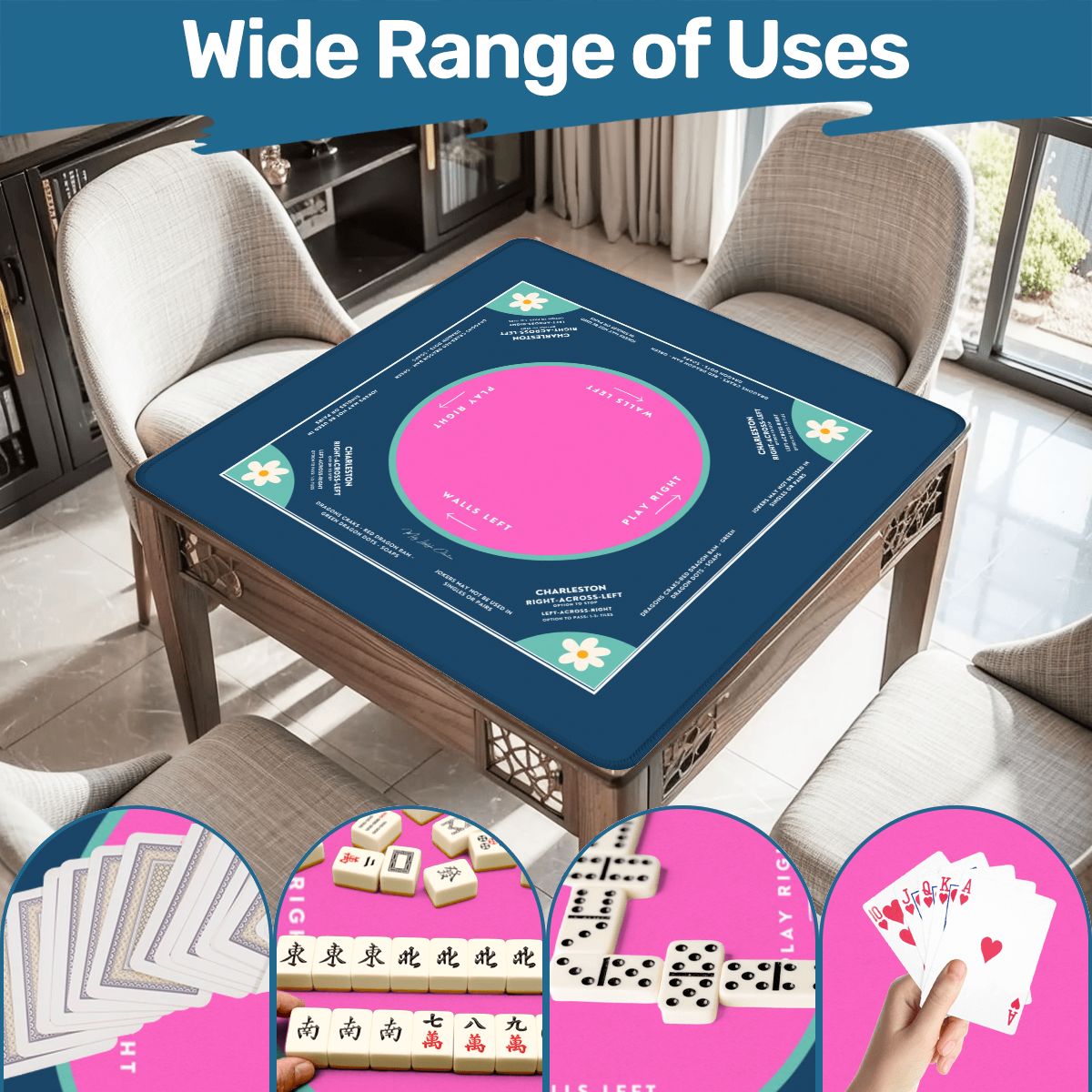 Blue Daisy Design Mahjong Mat, Size 31.5 x 31.5