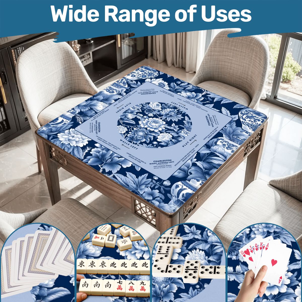 Blue Floral Mahjong Mat 31.5 x 31.5 - Durable Surface for Enthusiastic