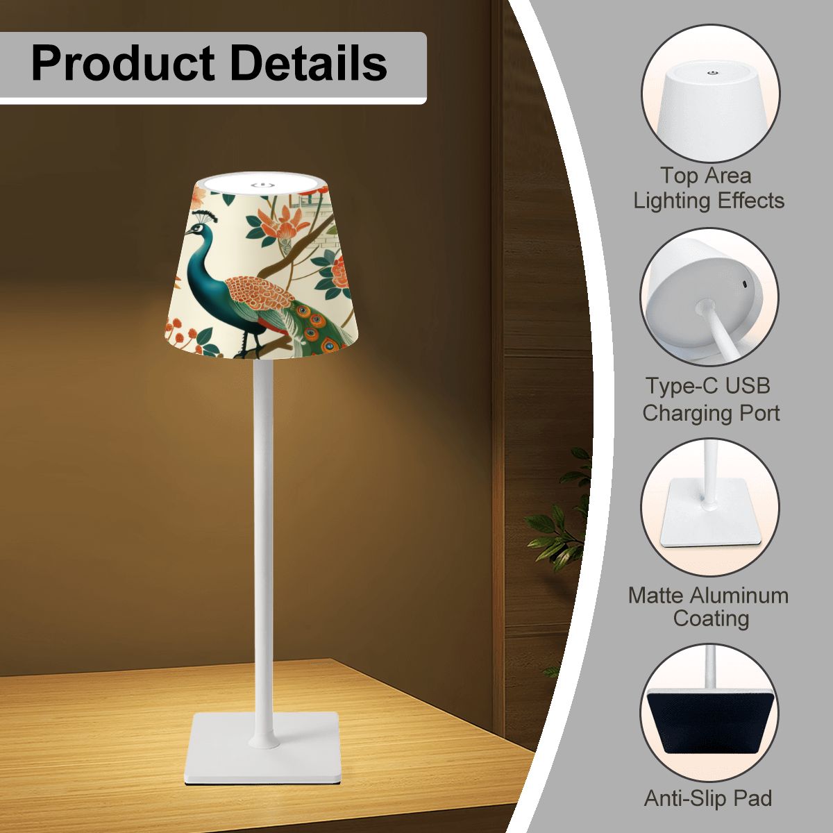 Green Peacock LED Cordless Table Lamp