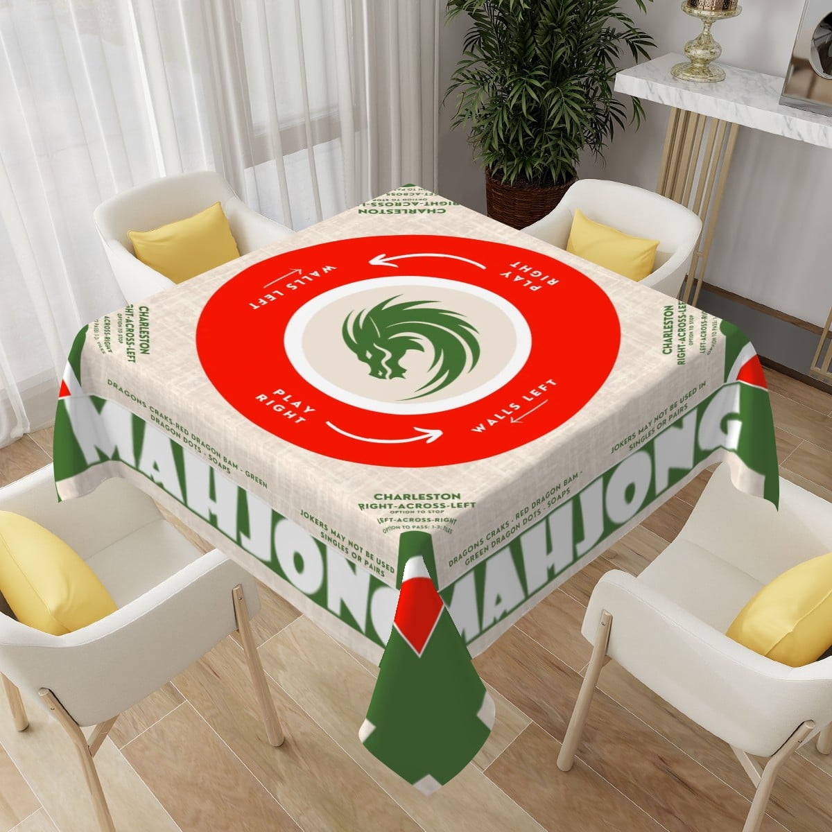 Mahjong Statement Tablecloth | Red, Green & White Graphic Design