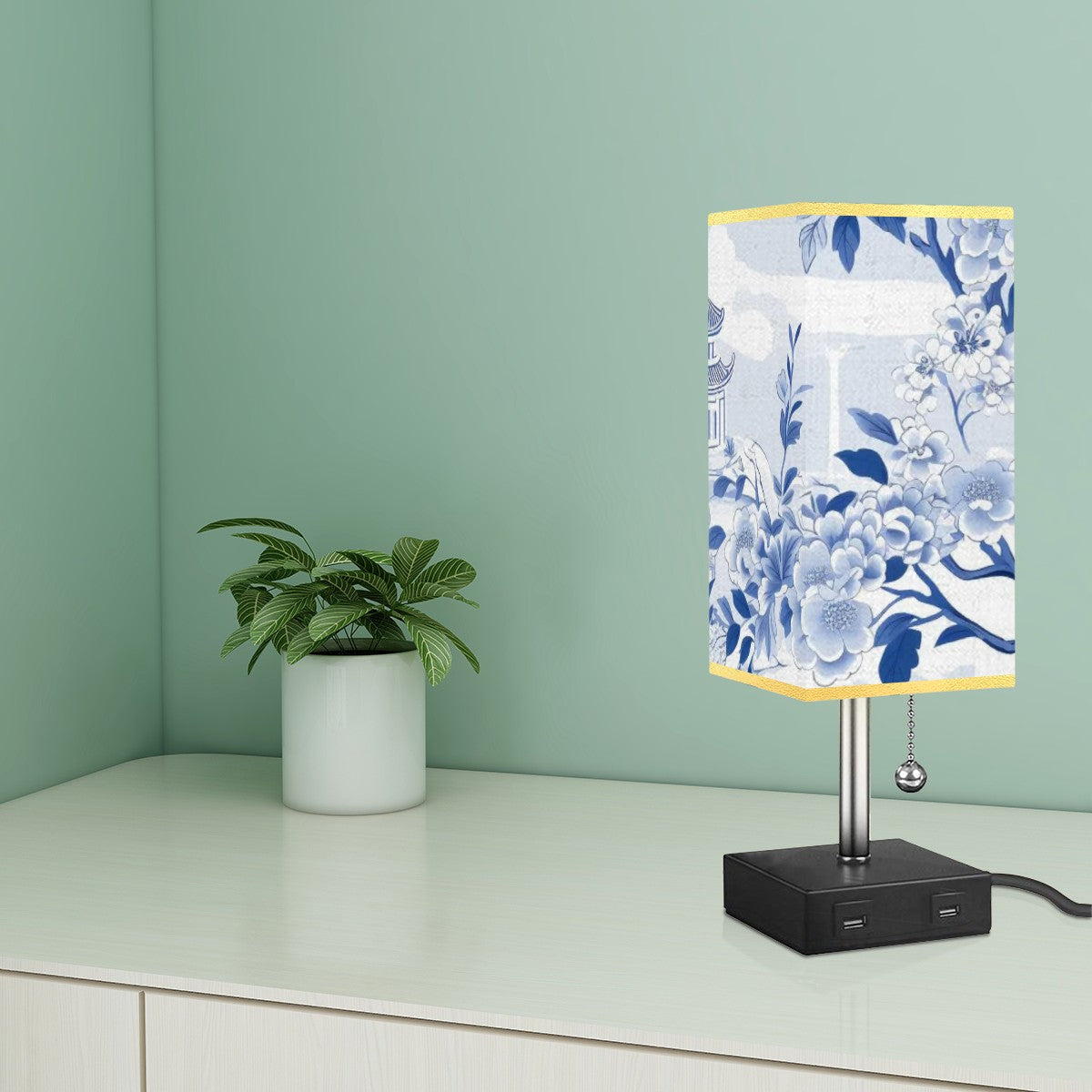 Square Table Lamp with USB Port Gold Trim