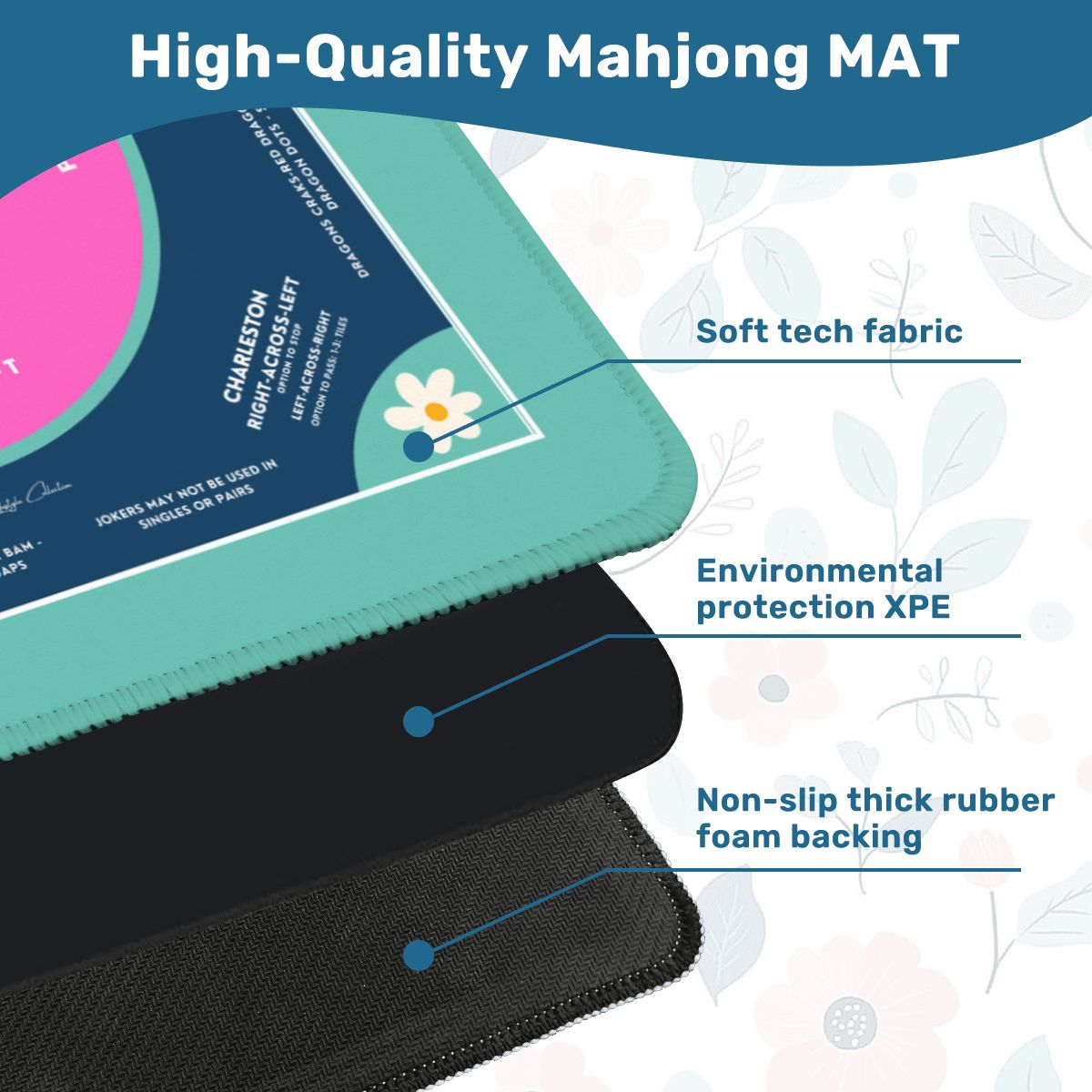 Teal Flower Design Mahjong Mat 31.5 x 31.5, For Game Night for Mahjong Fans
