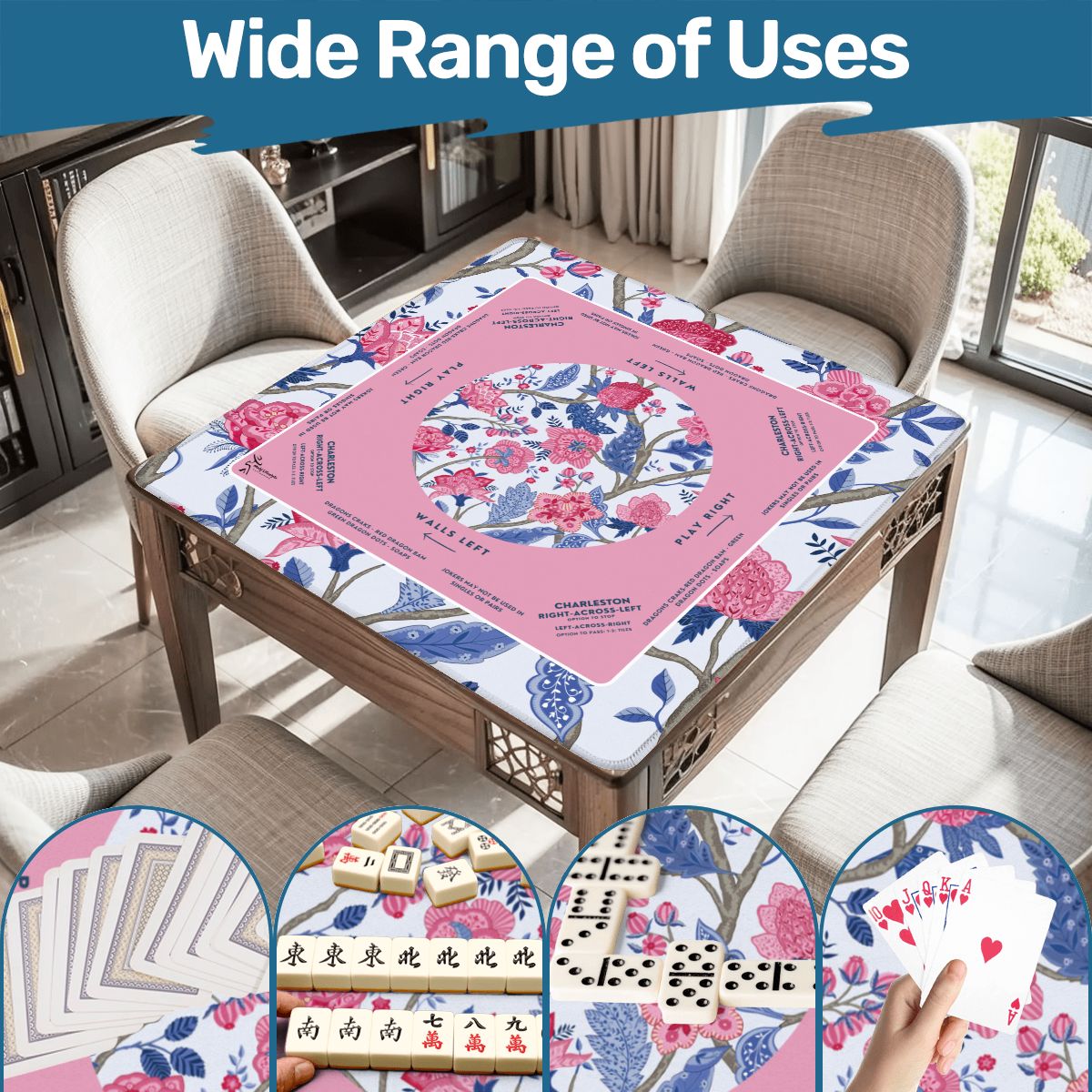 Vivid Blue & Purple Floral Mahjong Mat 31.5 x 31.5 Perfect for Mahjong Enthusiasts and Fans