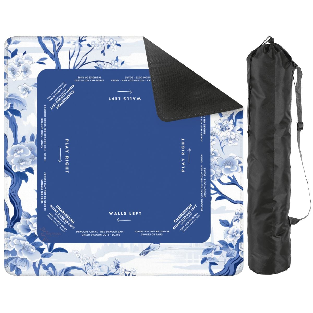 Blue Garden Mahjong Mat with Storage Case | Classic Blue & White Design