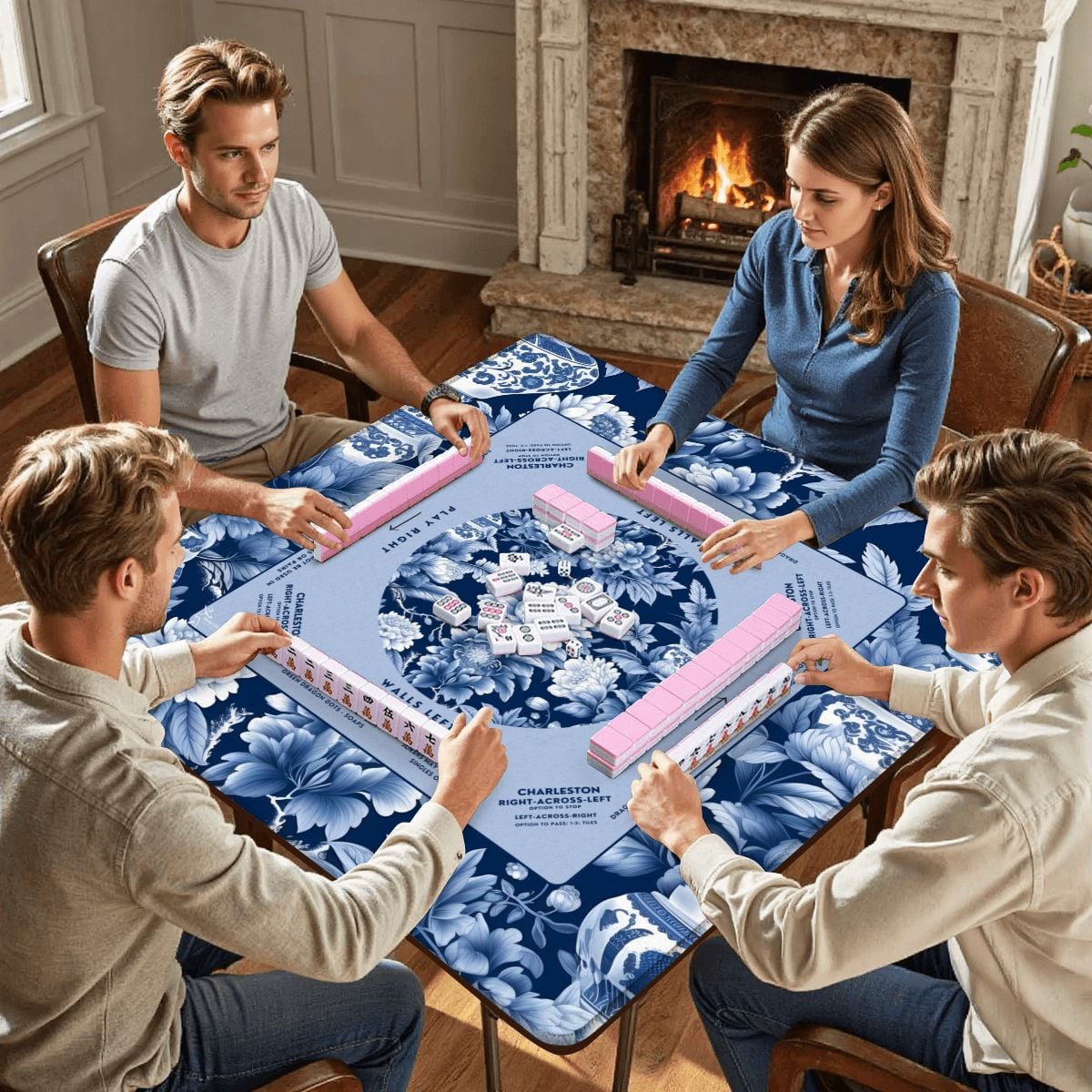 Blue Floral Mahjong Mat with Storage Case