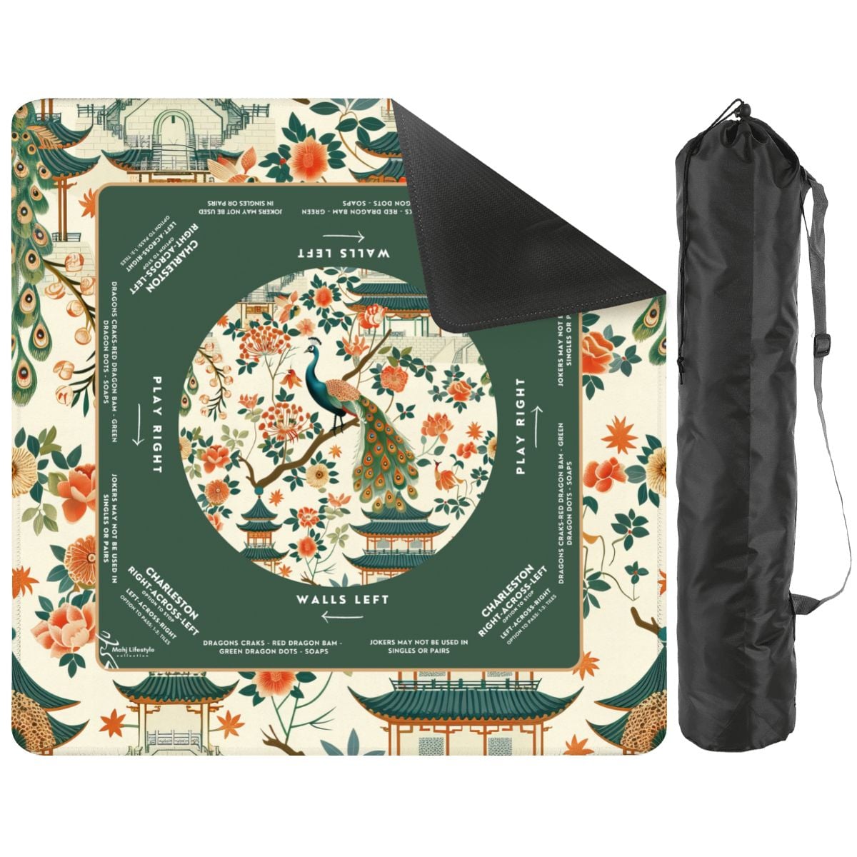Green Peacock Mahjong Mat with Storage Case