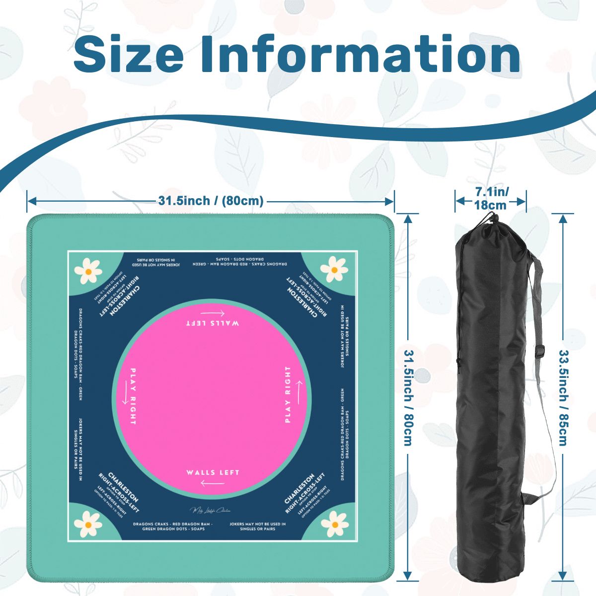 Teal Flower Design Mahjong Mat 31.5 x 31.5, For Game Night for Mahjong Fans
