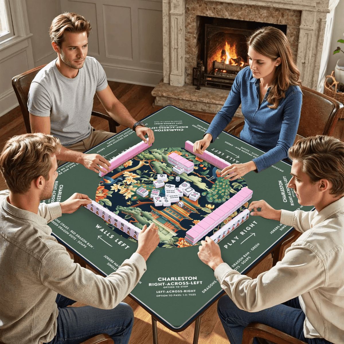 Green Peacock Mahjong Mat 31.5 x 31.5 - Smooth Surface for Great Game Nights