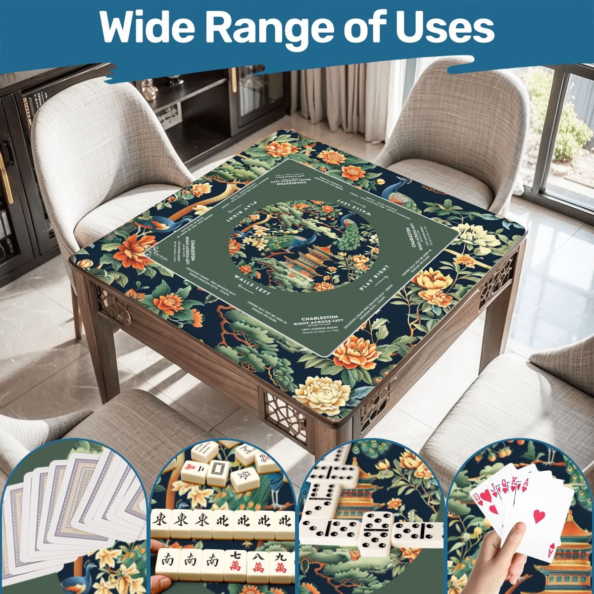 Green Peacock Chinoiserie Mahjong Mat with Storage Case