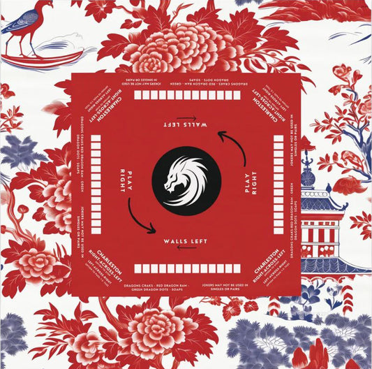 Red Mahjong table cloth, Serene Bamboo Breeze Mahjong, Red and blue Chinoiserie Design, size 55.1" by 55.1", Mahjong with instructions