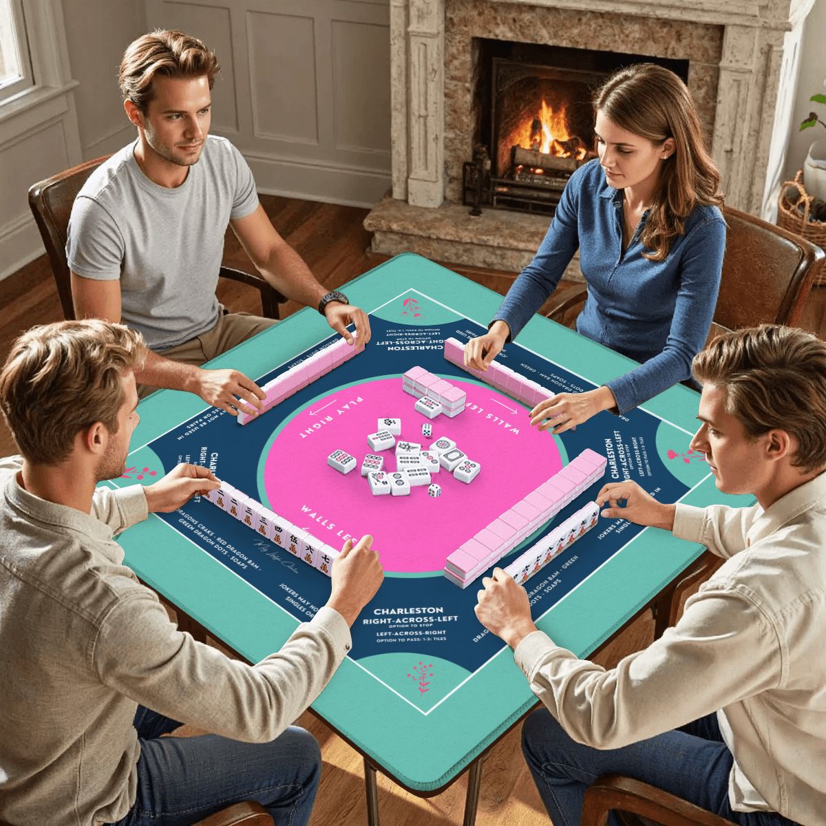 Teal Flower Design Mahjong Mat 31.5 x 31.5, For Game Night for Mahjong Fans