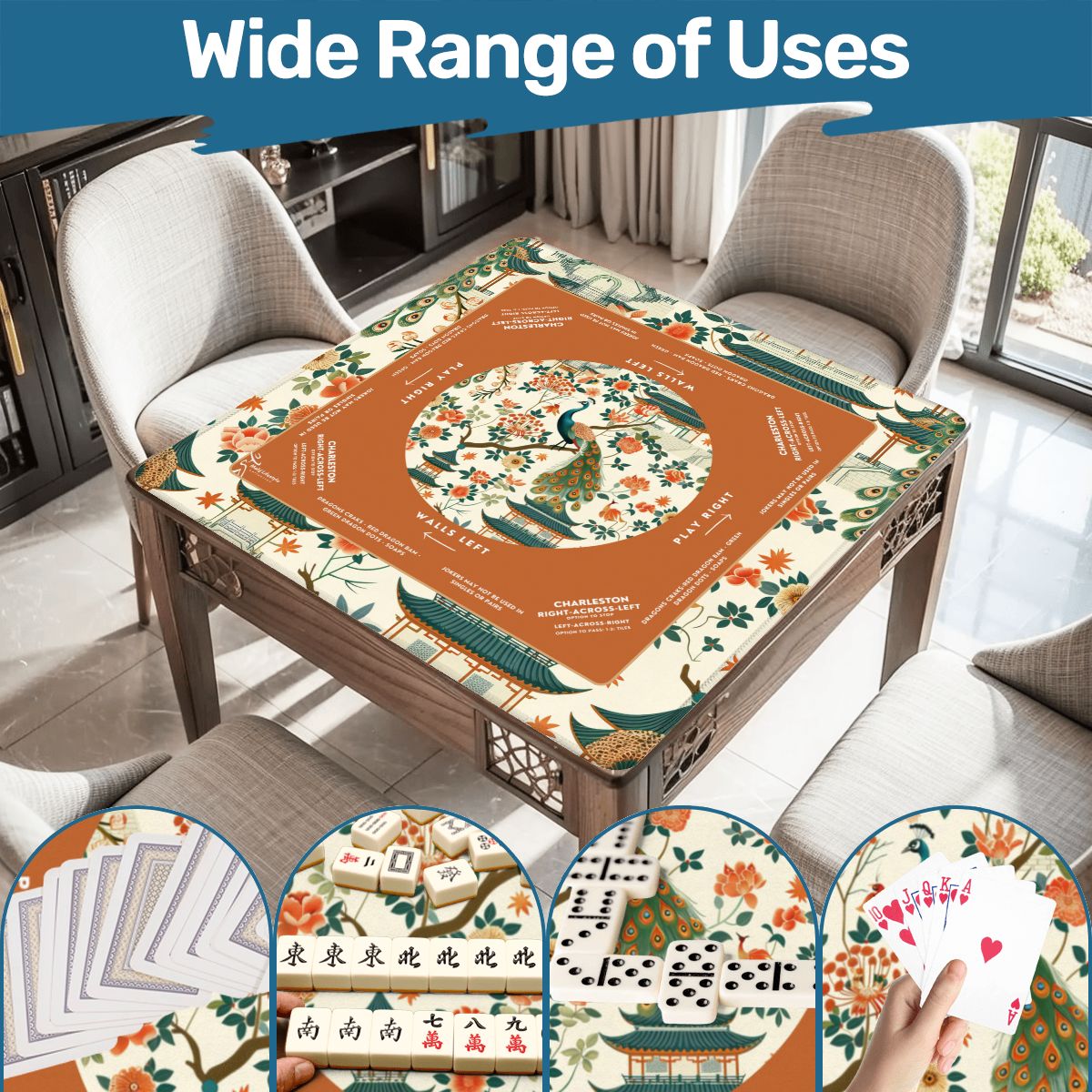 White Orange Peacock Design Mahjong Mat 31.5 x 31.5 - For Enhanced Game Nights