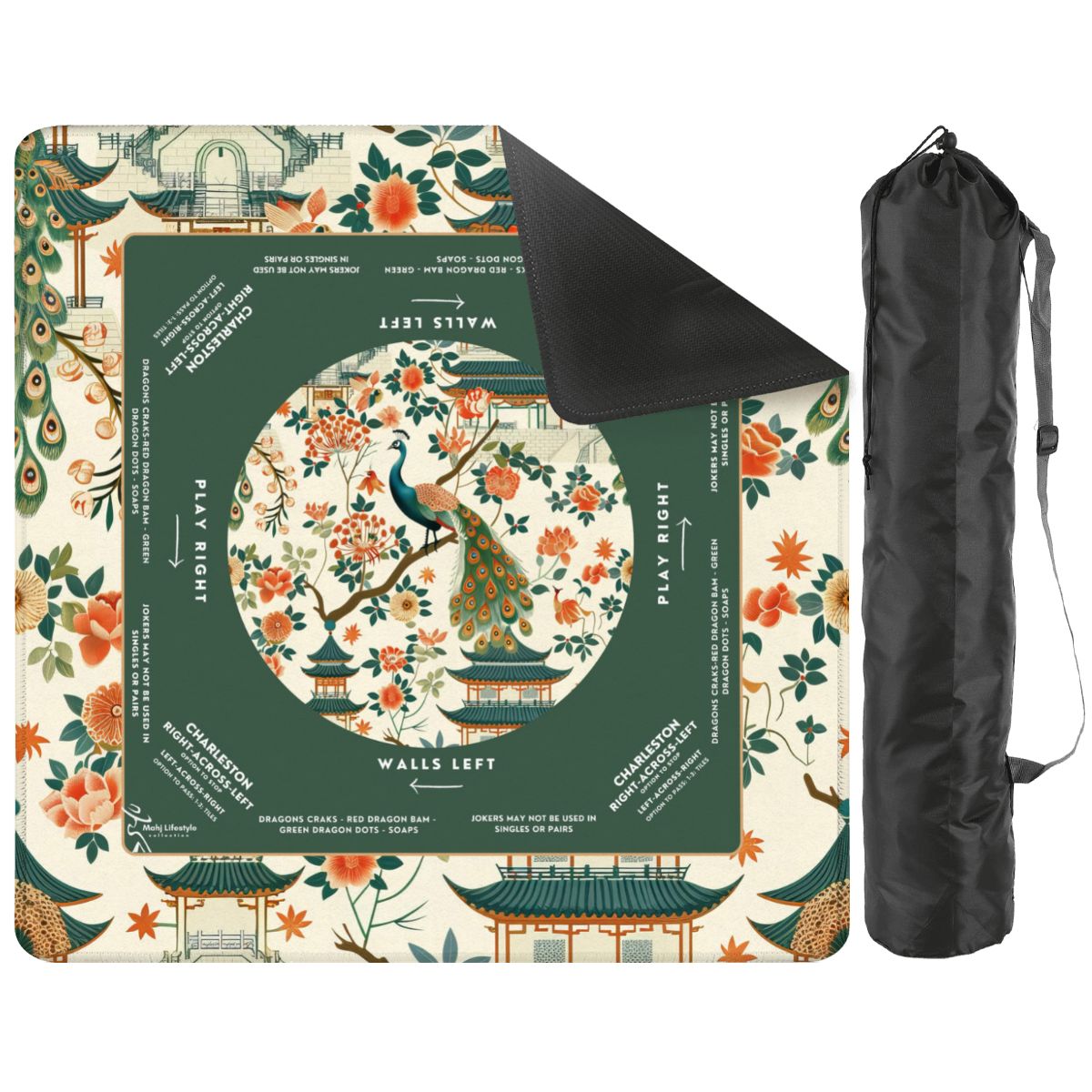 Green Peacock Design Mahjong Mat, Size 31.5 x 31.5  inches