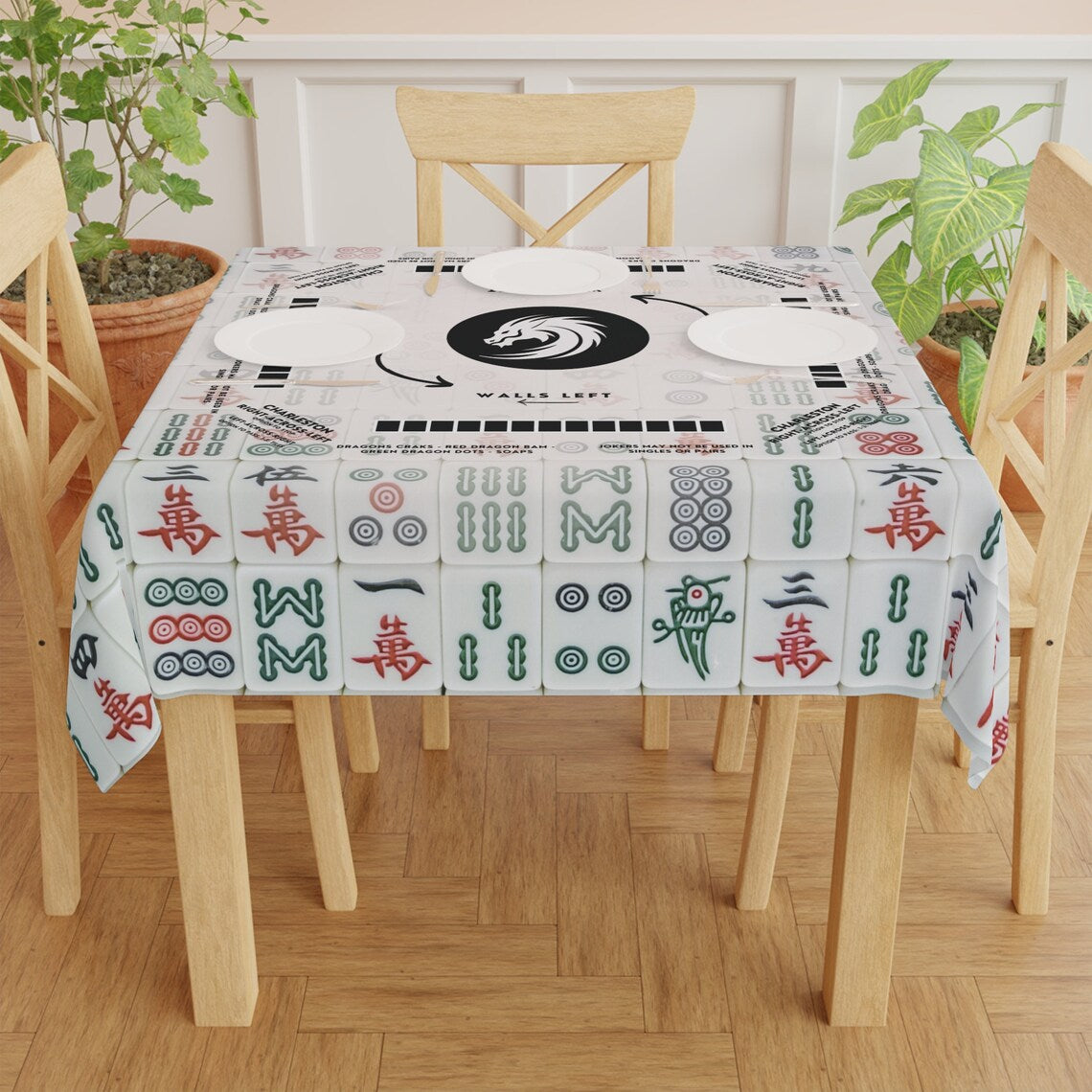 Mahjong Tile design tablecloth with Instructions - Mahjong Tablecloth Size 55 x 55, Mahjong with Rules