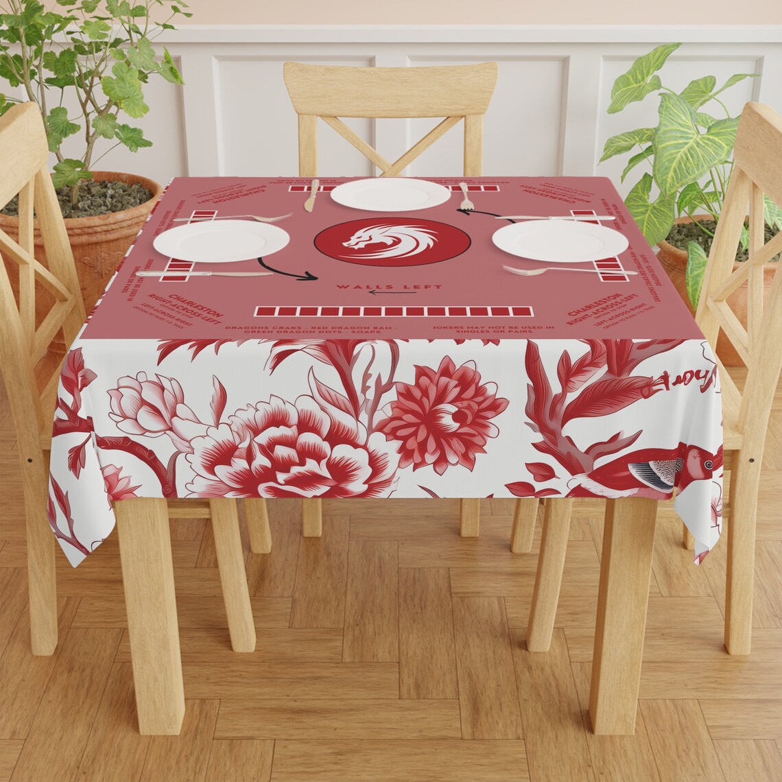 Red Asian-Inspired Mahjong tablecloth, Vibrant Chinoiserie Design, Table Cover, Festive Gathering Focal Point for Family Bonding