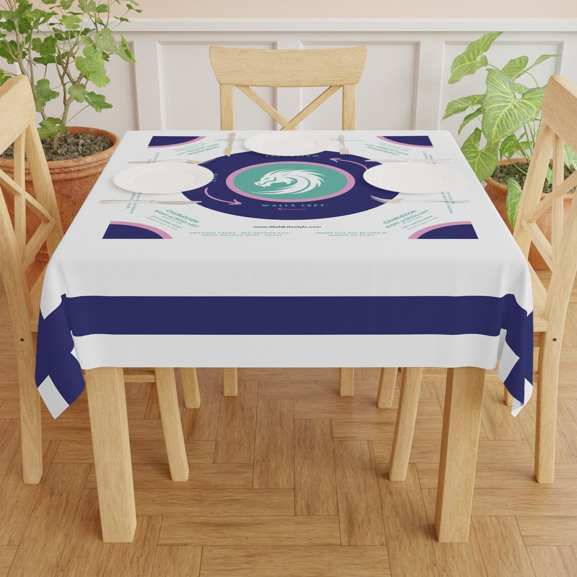 Striped Mahjong Tablecloth - White, Sky Blue, Dark Blue - Mahjong Game Night Essential