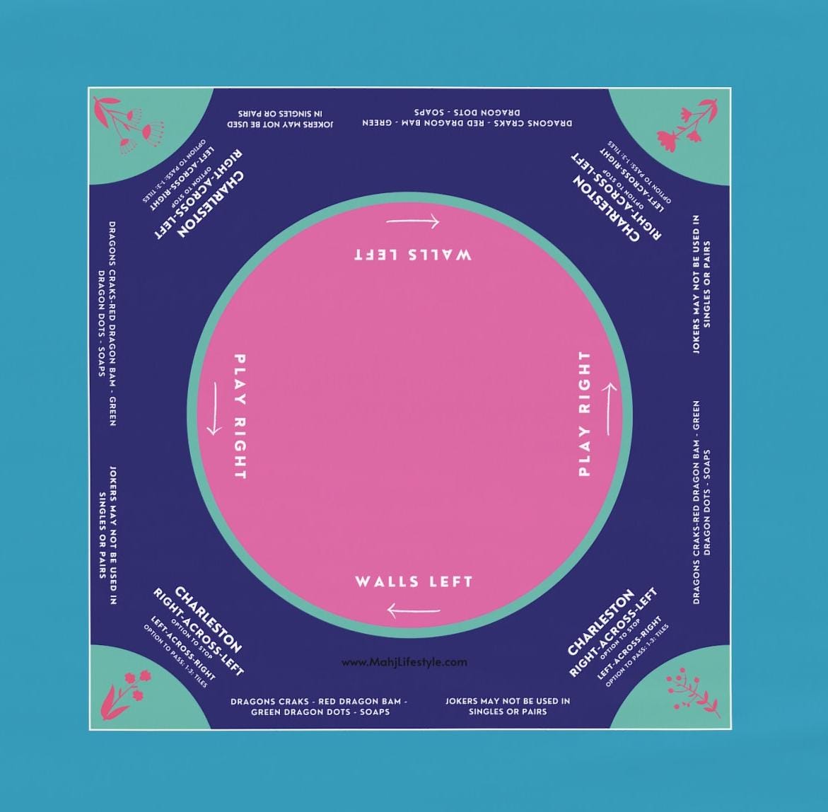 Mahjong instructional tablecloth gift for her, Blue and Pink Floral Mahjong Tablecloth - easy-to-follow mah-jongg tablecloth for him