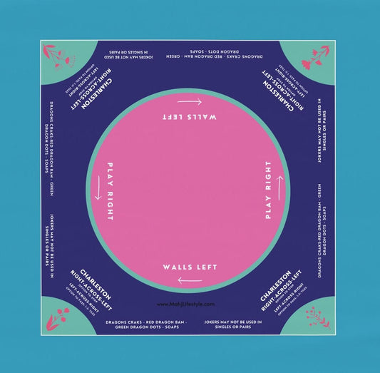 Mahjong instructional tablecloth gift for her, Blue and Pink Floral Mahjong Tablecloth - easy-to-follow mah-jongg tablecloth for him