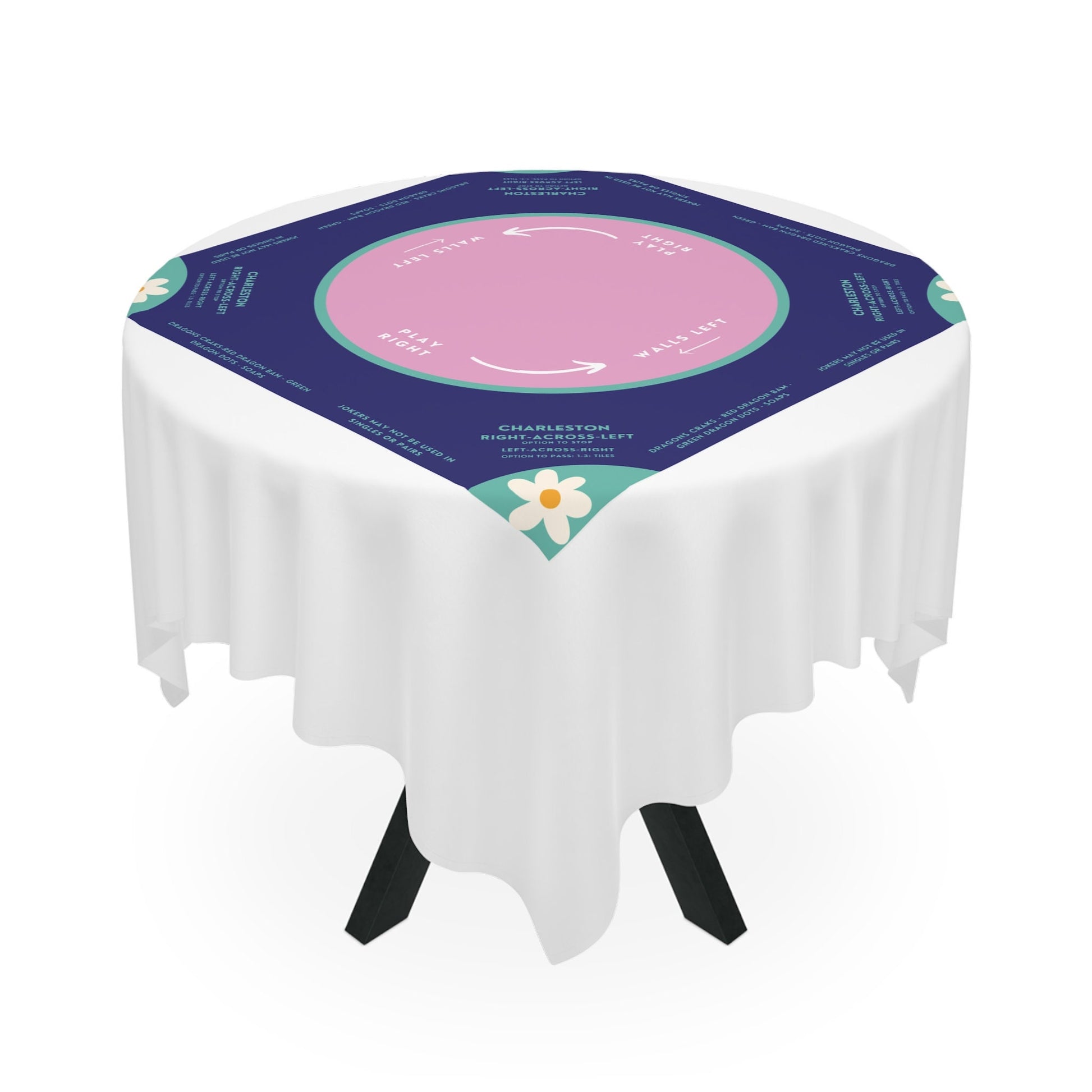 Mahjong instructional tablecloth gift for her, Blue and Pink Floral Mahjong Tablecloth - easy-to-follow mah-jongg tablecloth for him