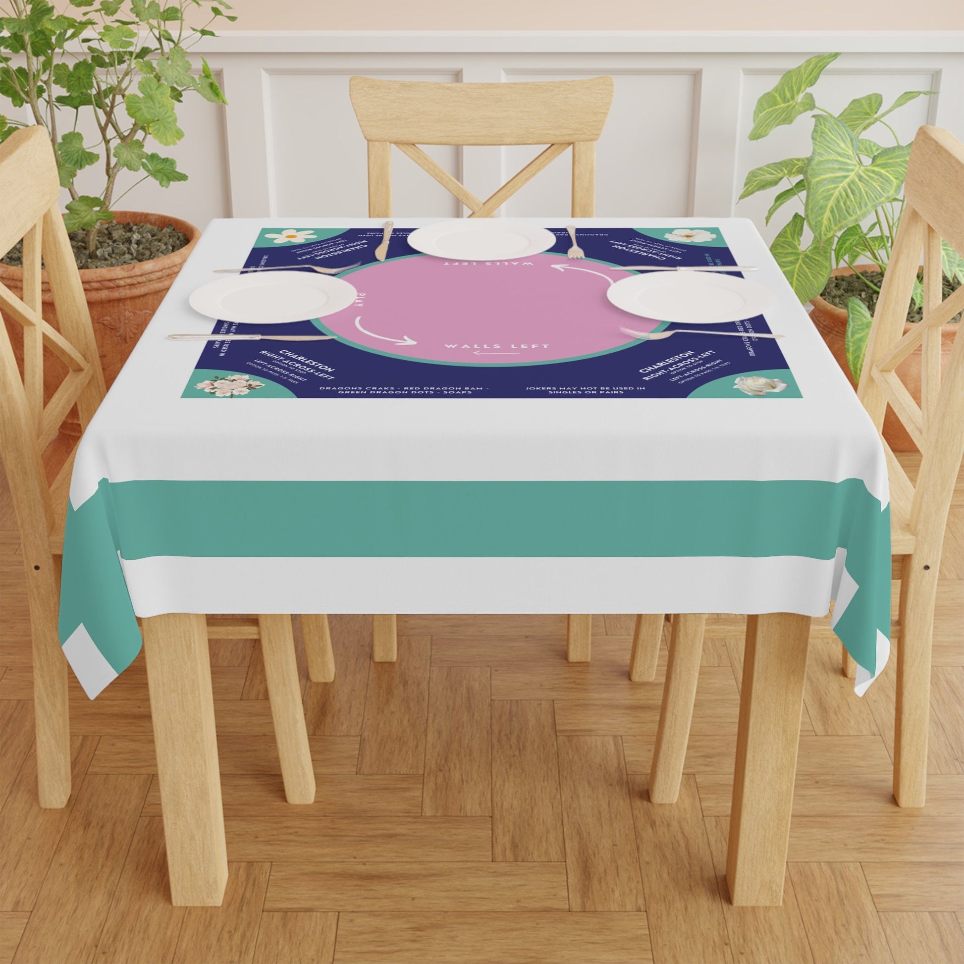 Elegant White and Sky Blue Striped Mahjong Tablecloth
