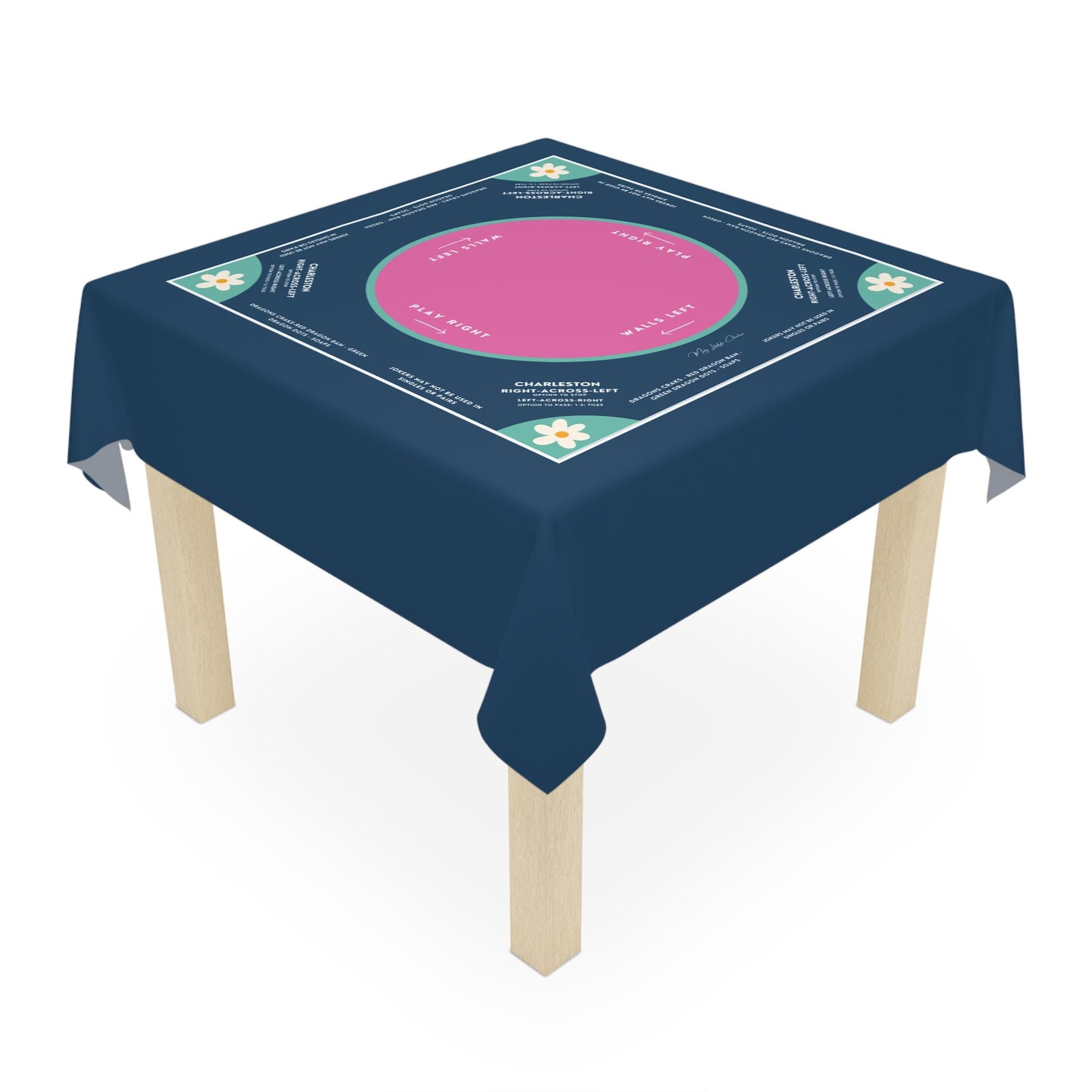 Mahjong instructional tablecloth gift for her, Blue and Pink Floral Mahjong Tablecloth - easy-to-follow mah-jongg tablecloth