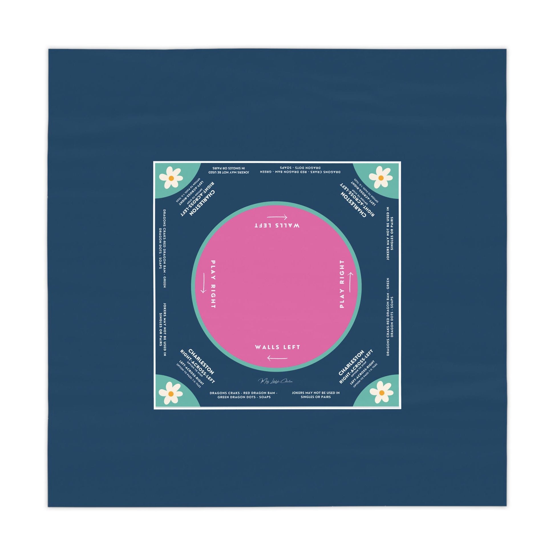 Mahjong instructional tablecloth gift for her, Blue and Pink Floral Mahjong Tablecloth - easy-to-follow mah-jongg tablecloth