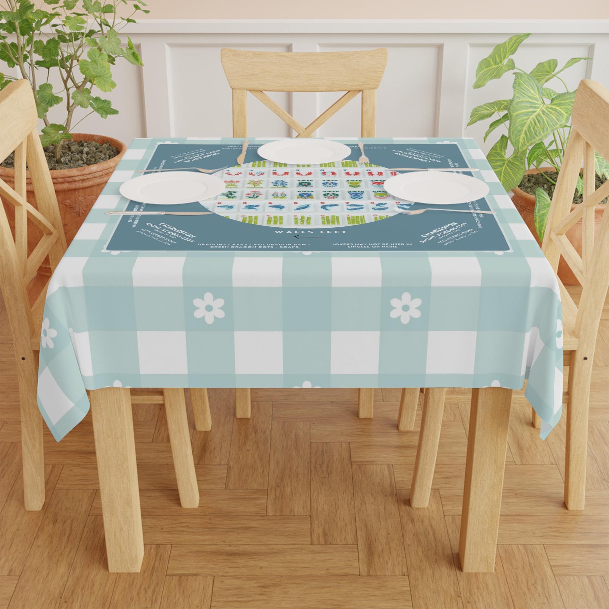 Blue Plaid Daisy Design Mahjong Tablecloth - Perfect for Mahjong Players