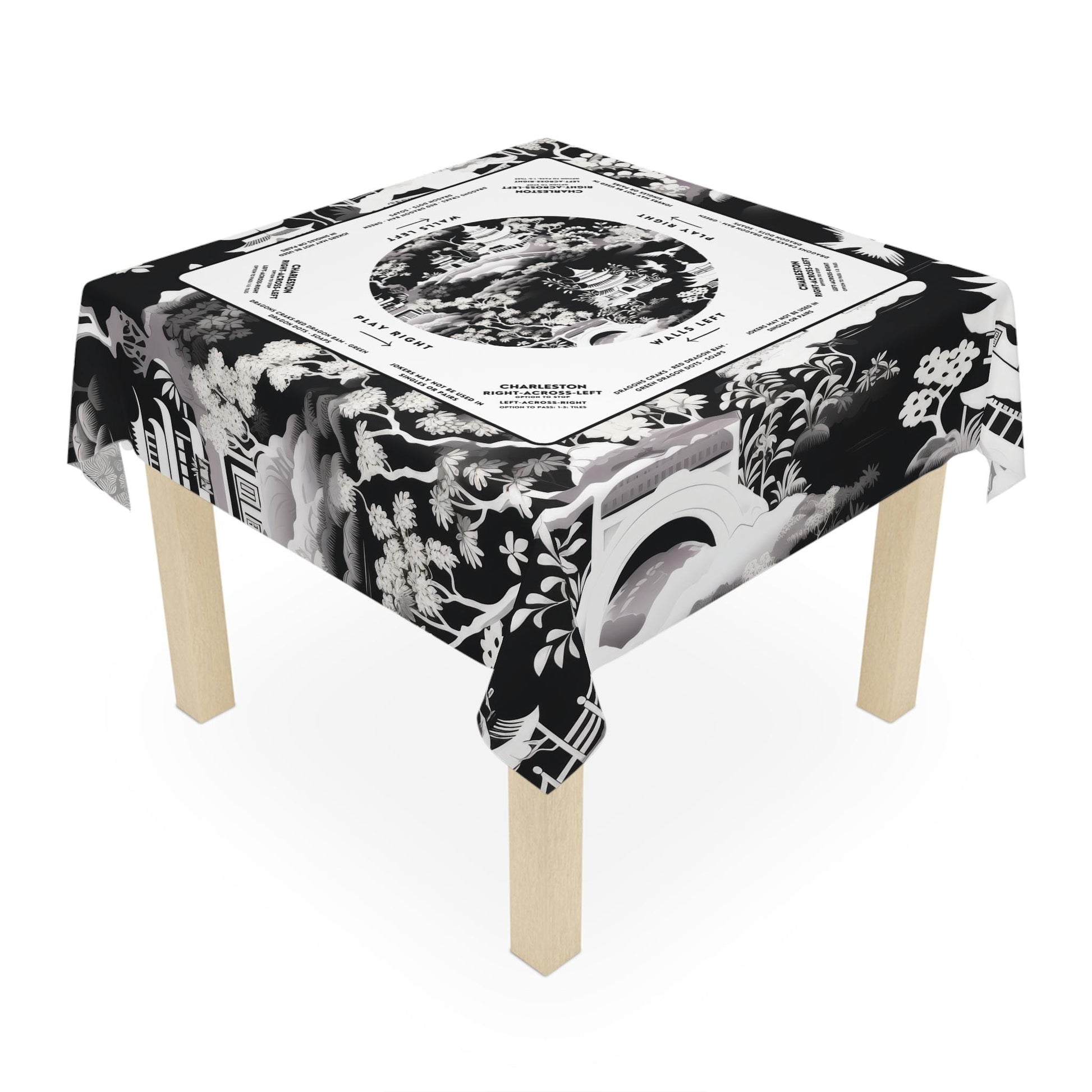 Black and White Floral Mahjong Tablecloth with Instructions - Perfect for Mahjong Players