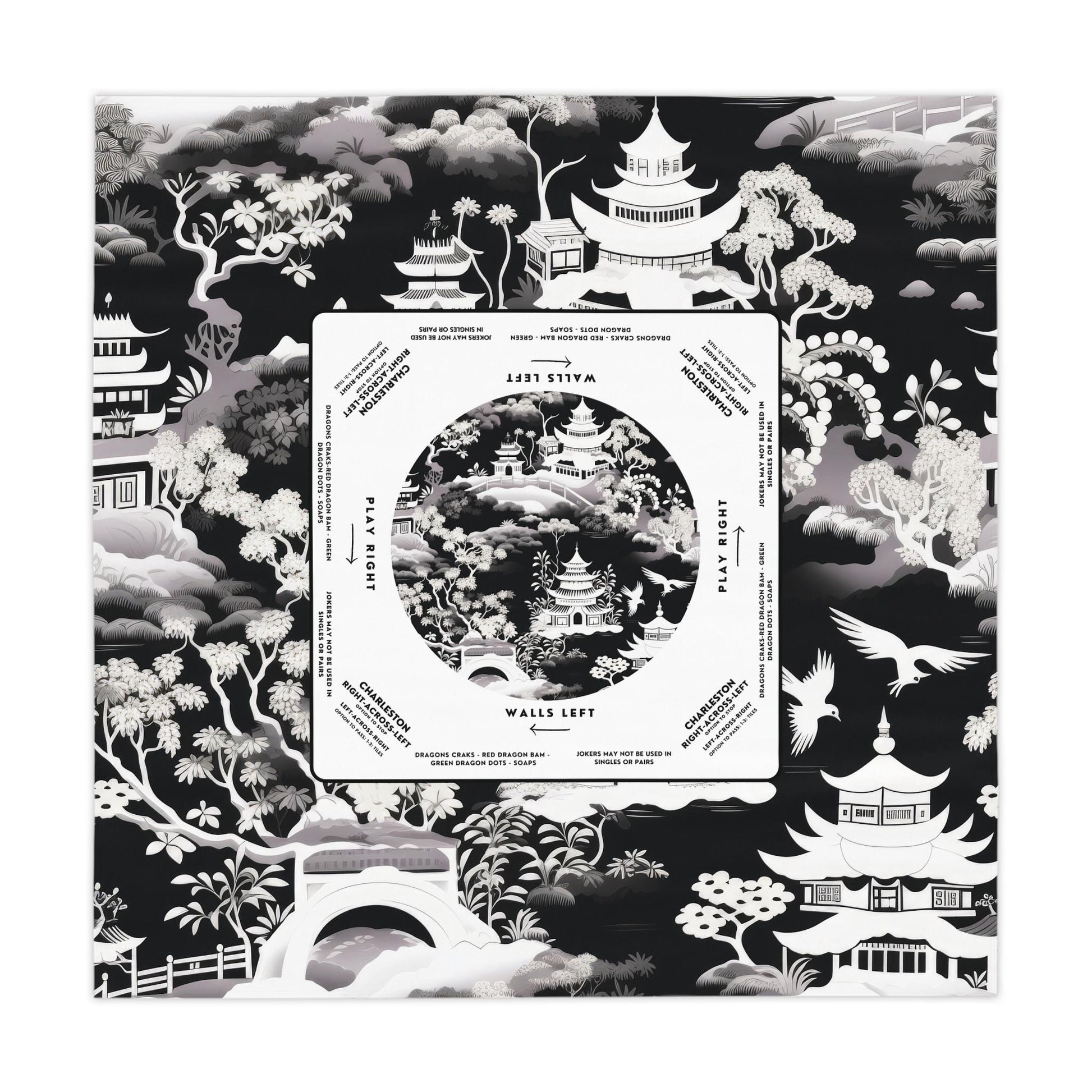 Black and White Floral Mahjong Tablecloth with Instructions - Perfect for Mahjong Players