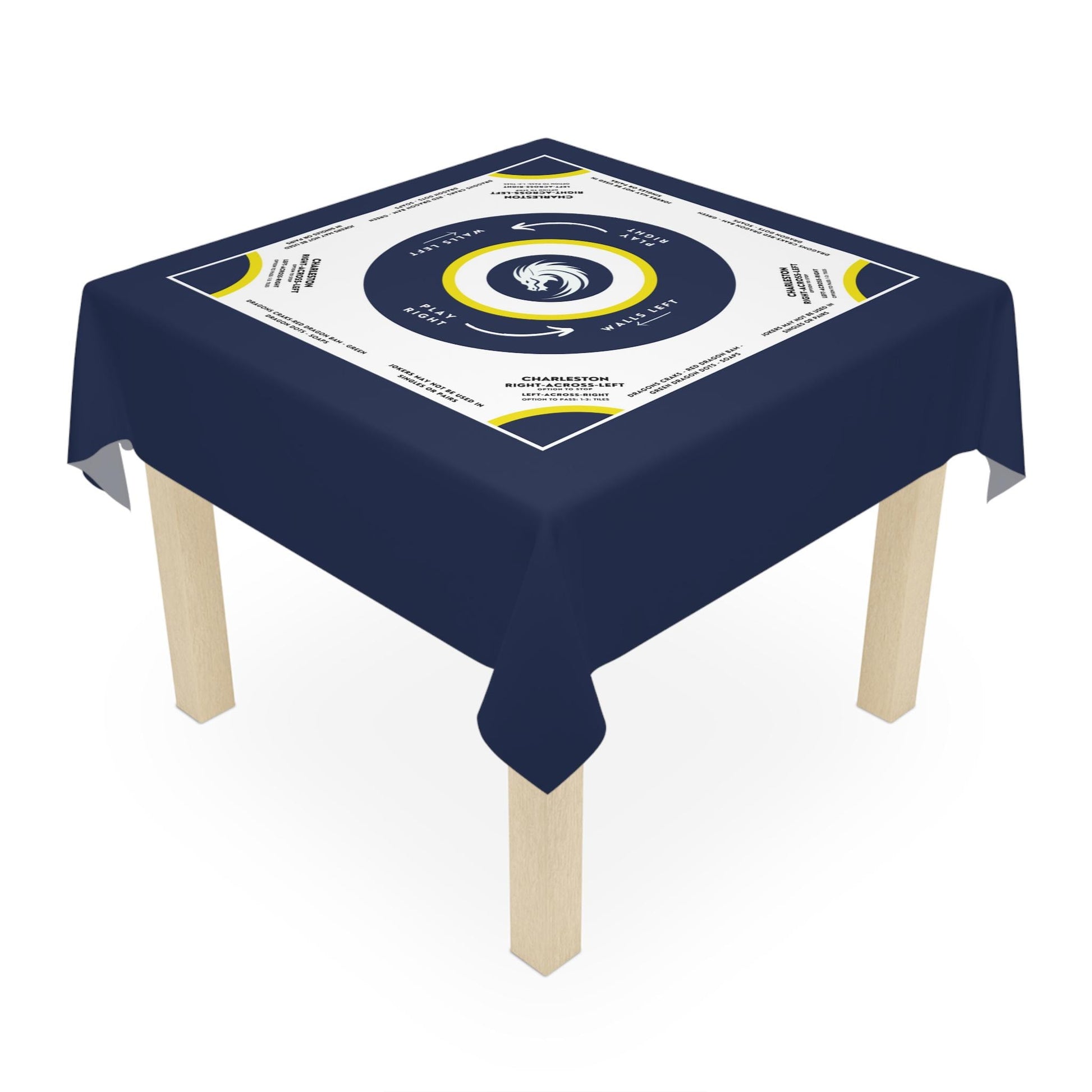 Dark Blue, Yellow, and White Logo Mahjong Tablecloth with Instructions - Perfect for Mahjong Enthusiasts