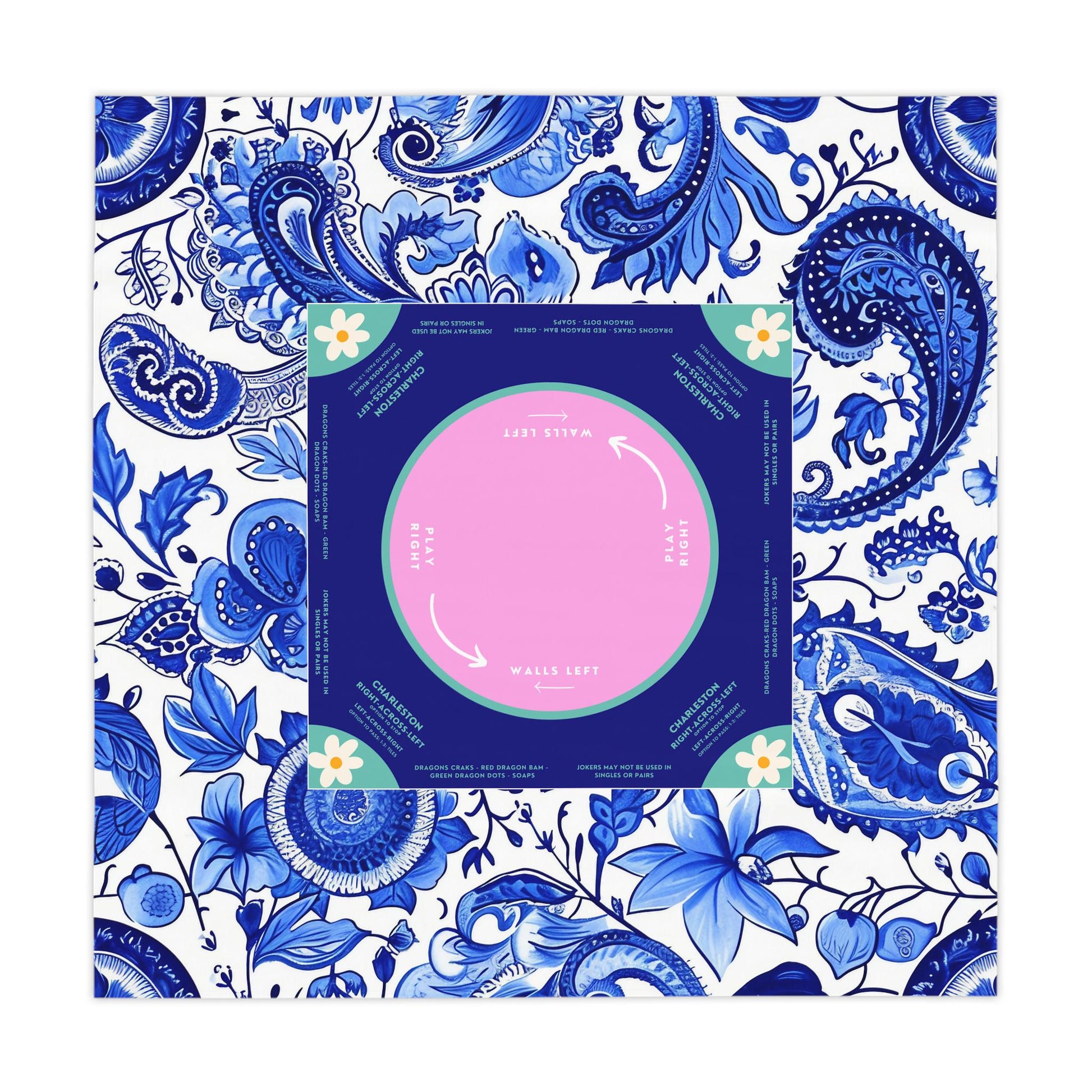 Blue Floral Mahjong Tablecloth - Elegant Daisy Design in Light Purple and White