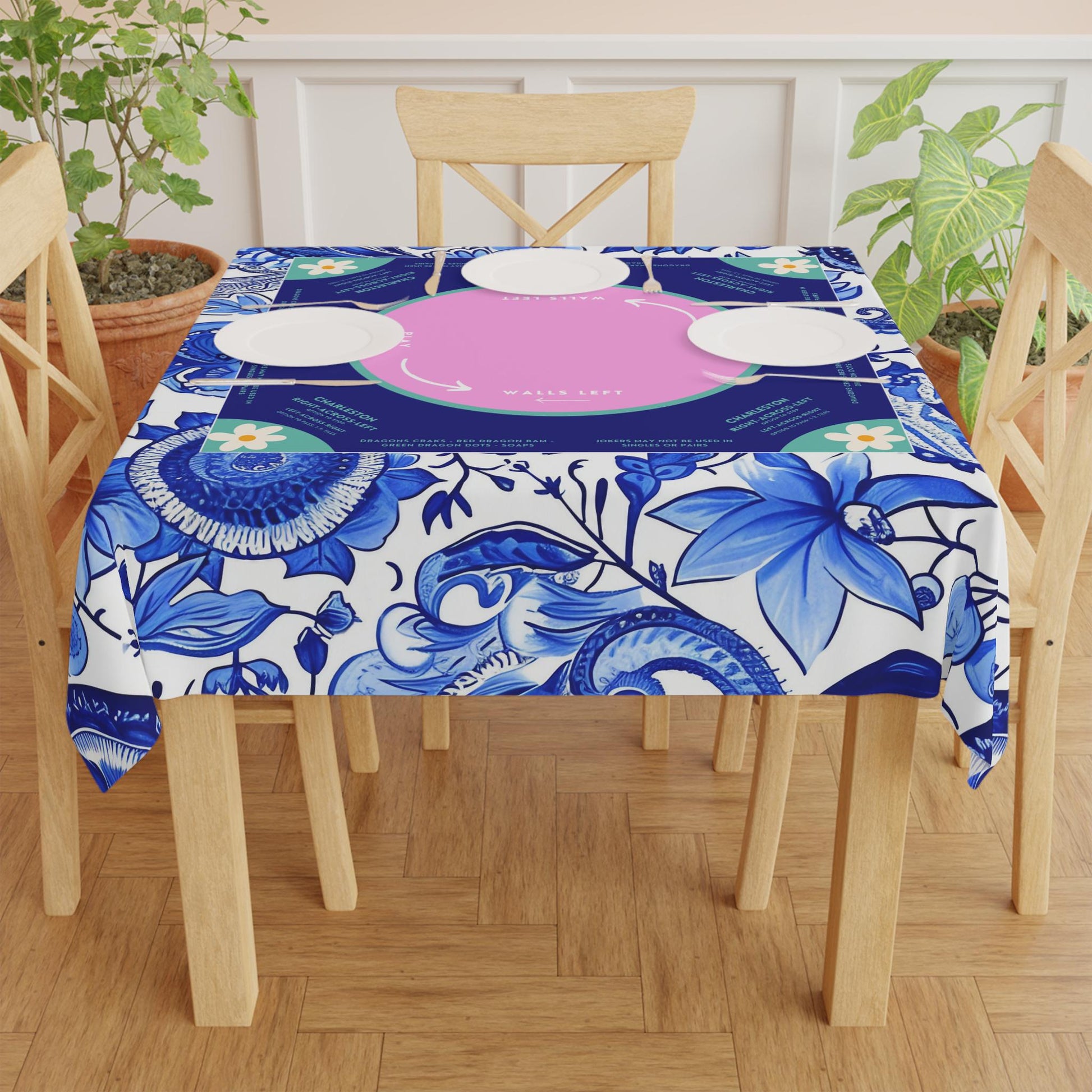 Blue Floral Mahjong Tablecloth - Elegant Daisy Design in Light Purple and White