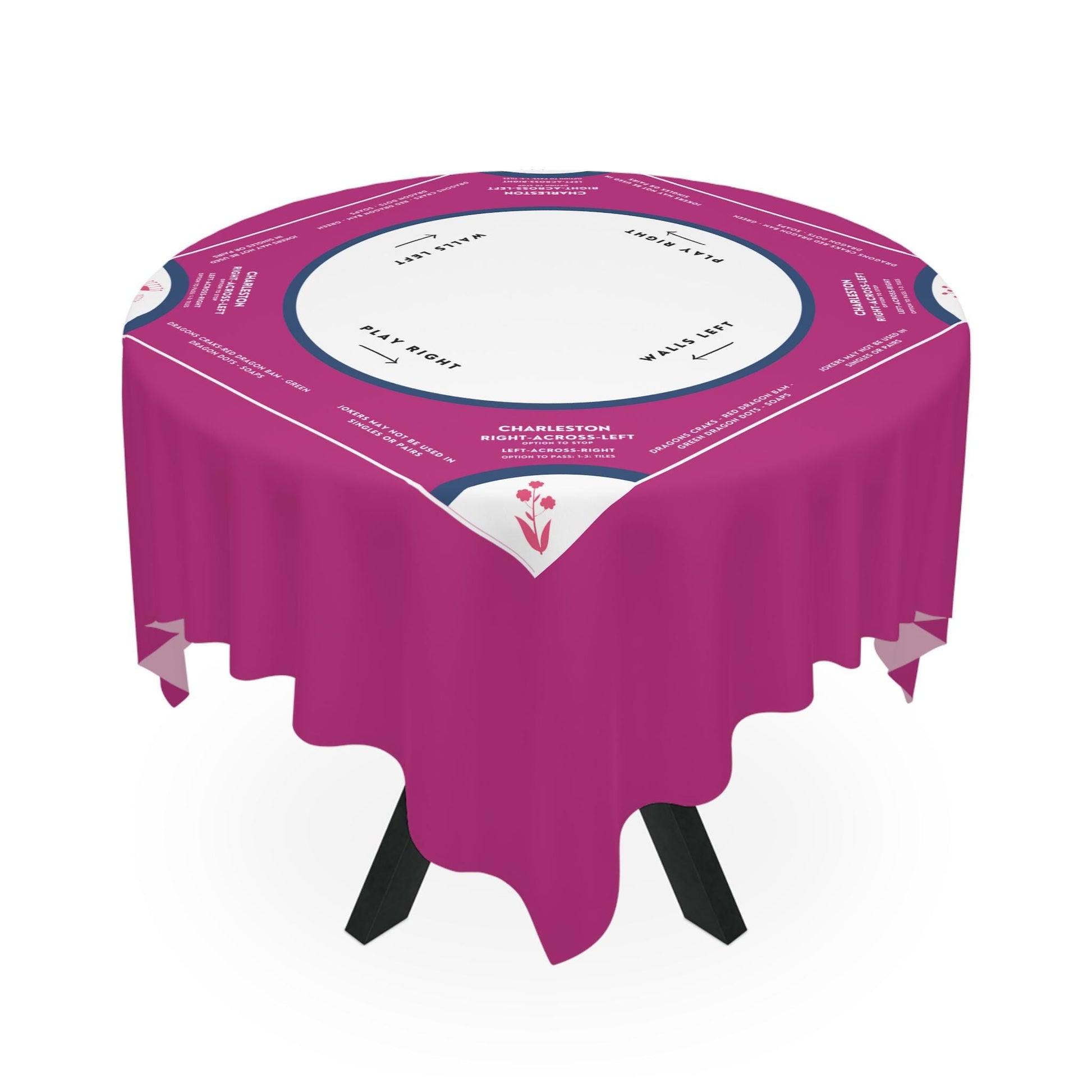 Deep Purple and White Mahjong Tablecloth with Instructions and Floral Tabs - Perfect for Mahjong Enthusiasts