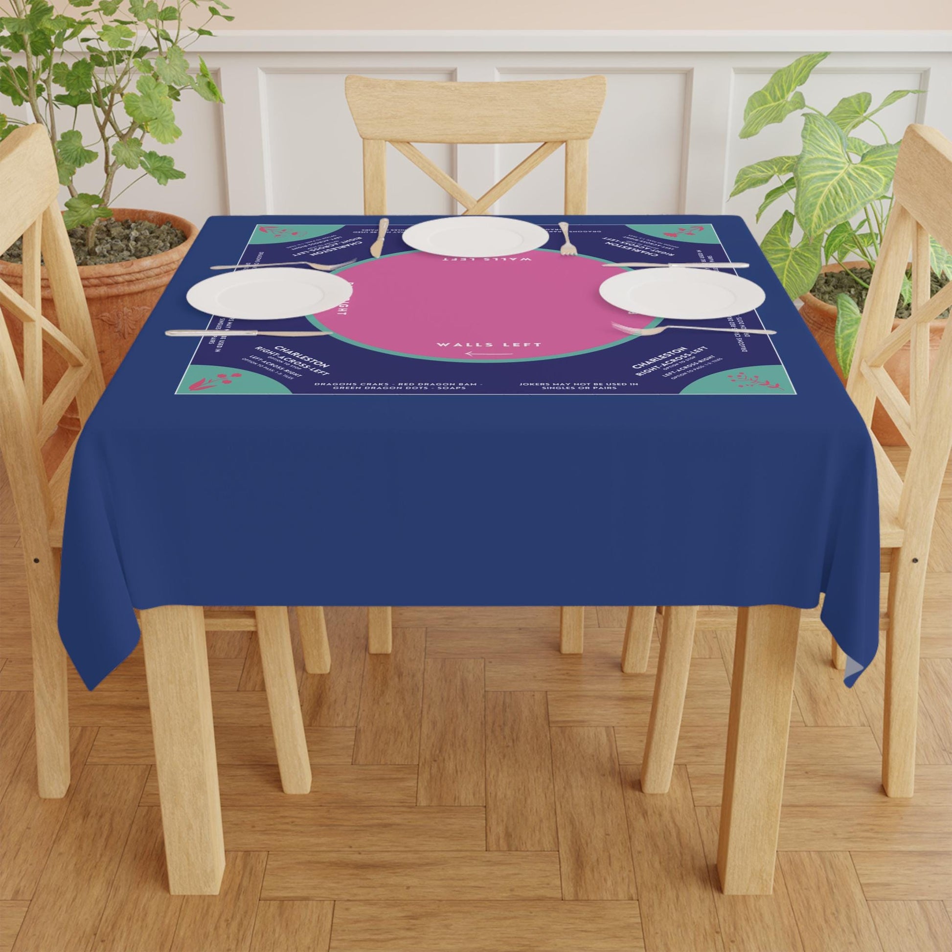 Colorful Mahjong Tablecloth with Dark Blue, Purple, and Light Blue Tabs with Purple Flowers