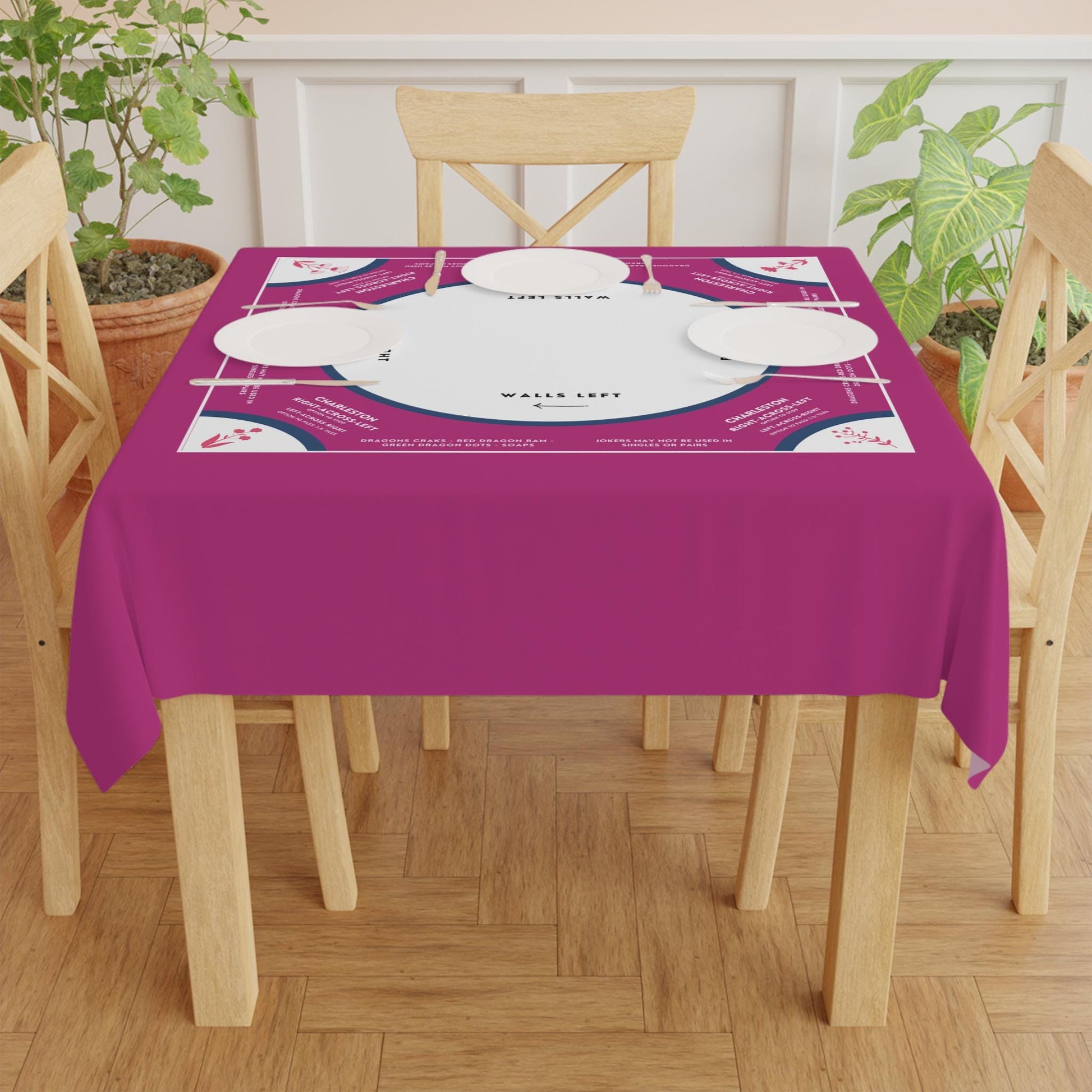 Deep Purple and White Mahjong Tablecloth with Instructions and Floral Tabs - Perfect for Mahjong Enthusiasts