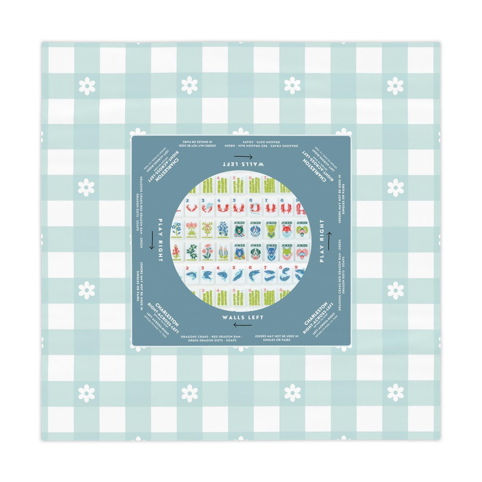 Blue Plaid Daisy Design Mahjong Tablecloth - Perfect for Mahjong Players