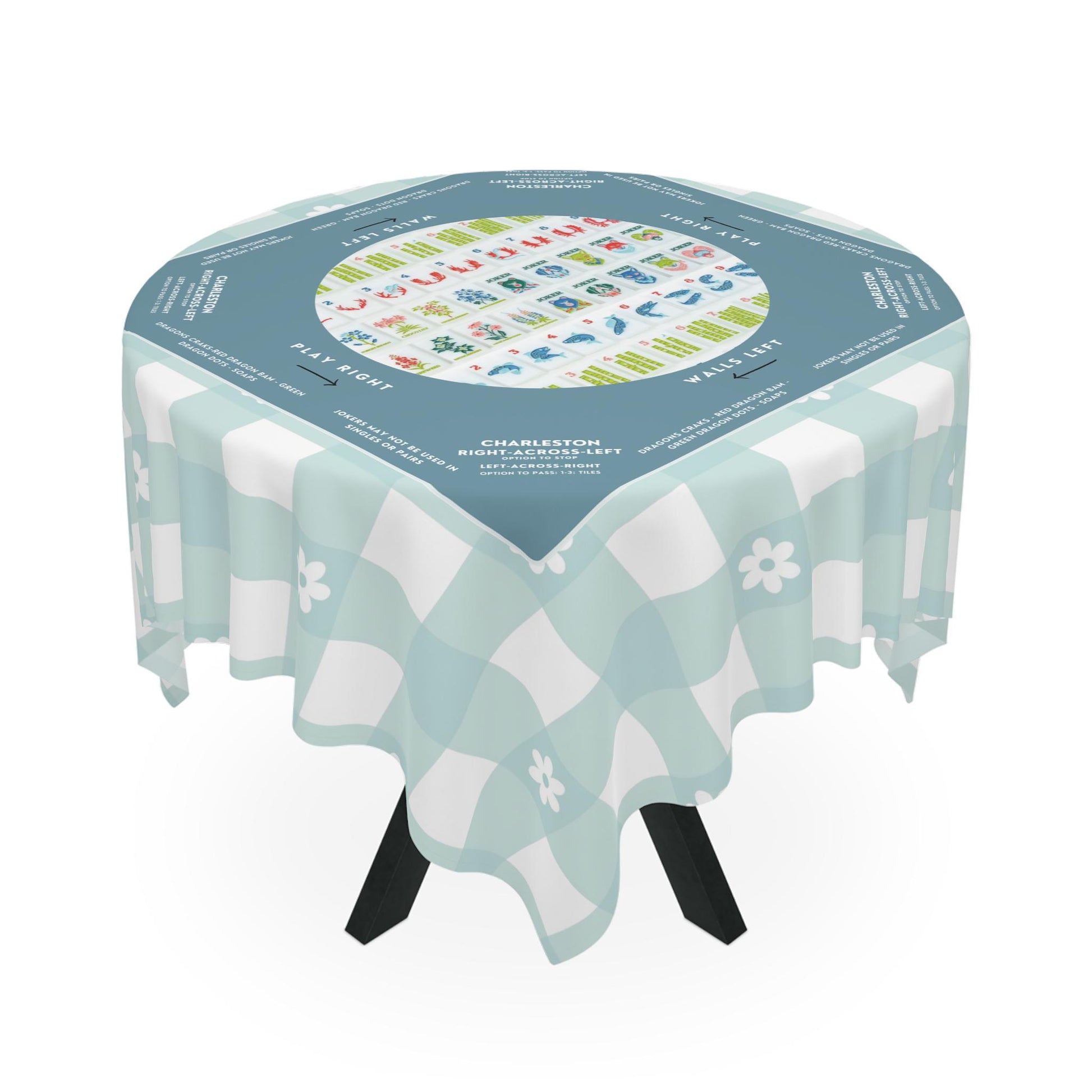 Blue Plaid Daisy Design Mahjong Tablecloth - Perfect for Mahjong Players