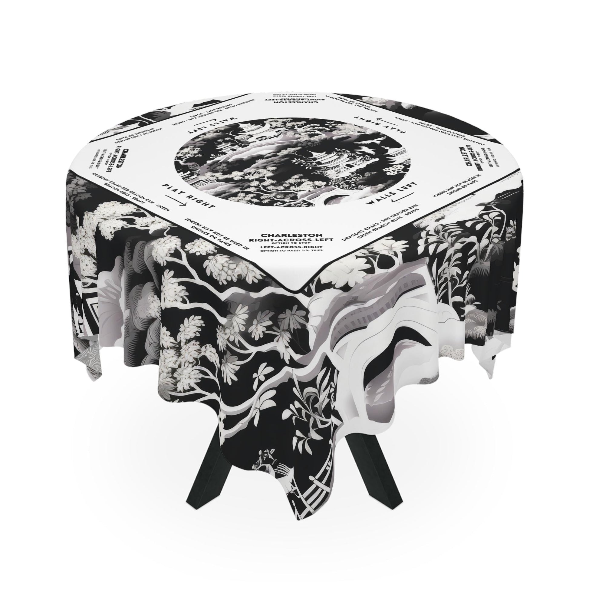 Black and White Floral Mahjong Tablecloth with Instructions - Perfect for Mahjong Players
