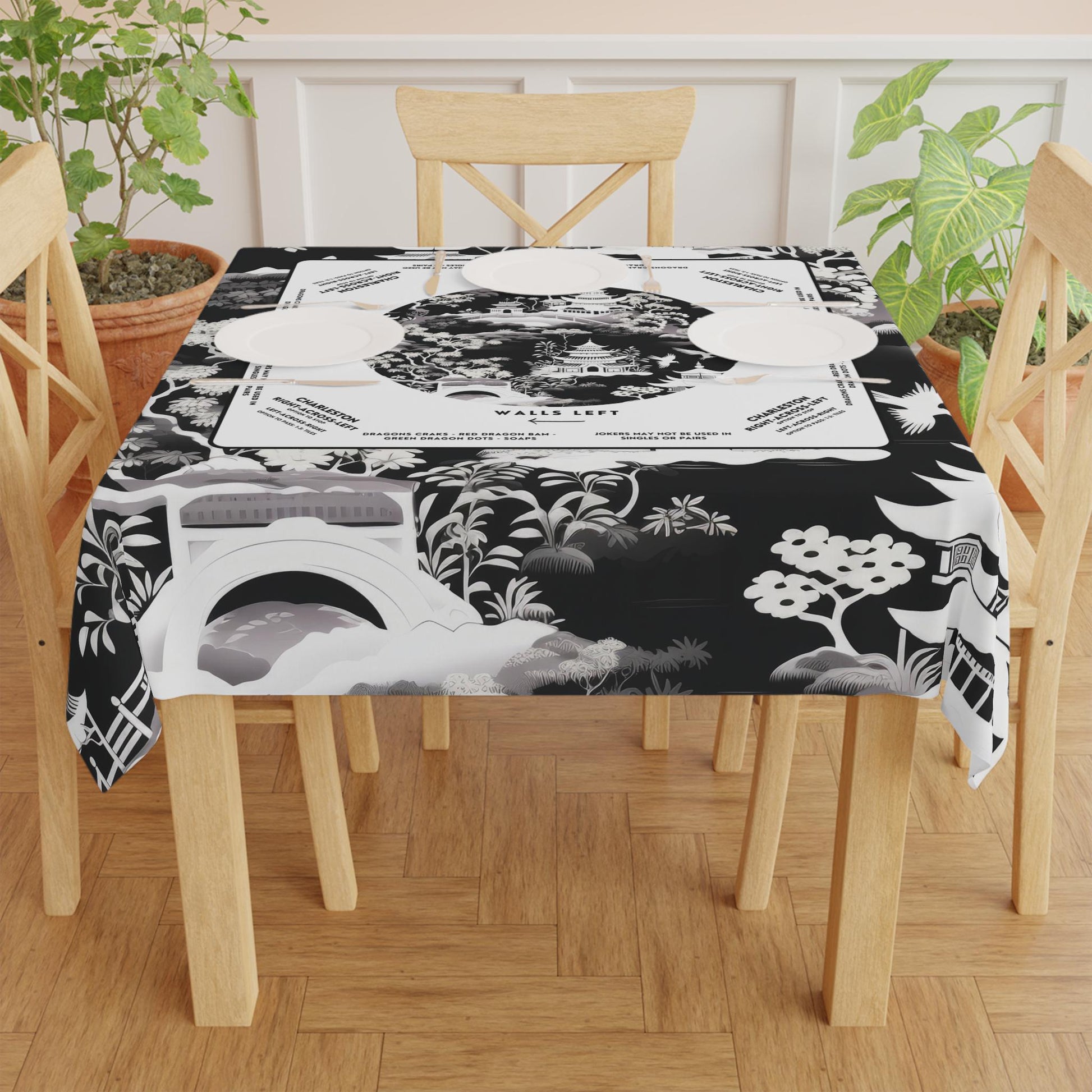 Black and White Floral Mahjong Tablecloth with Instructions - Perfect for Mahjong Players