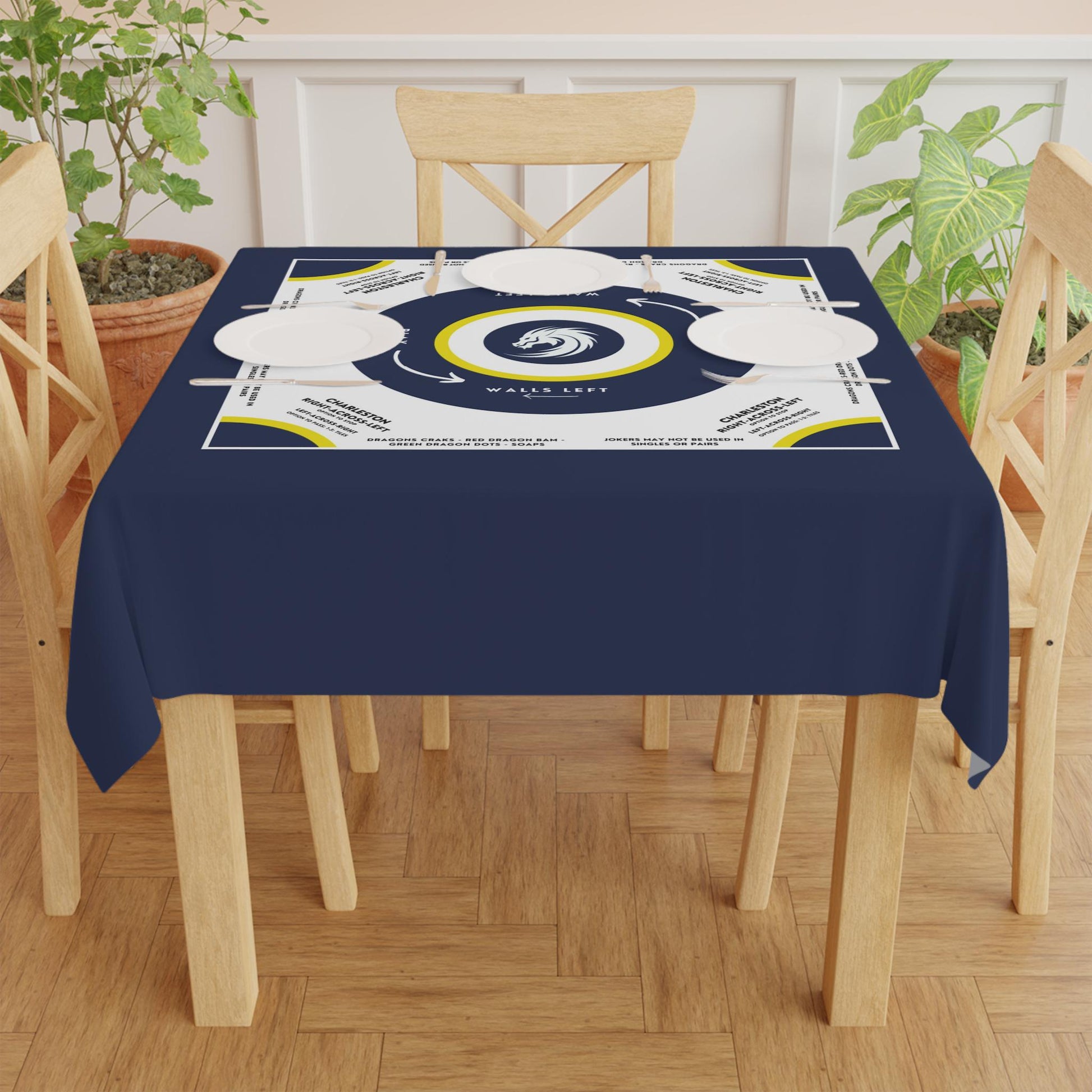 Dark Blue, Yellow, and White Logo Mahjong Tablecloth with Instructions - Perfect for Mahjong Enthusiasts