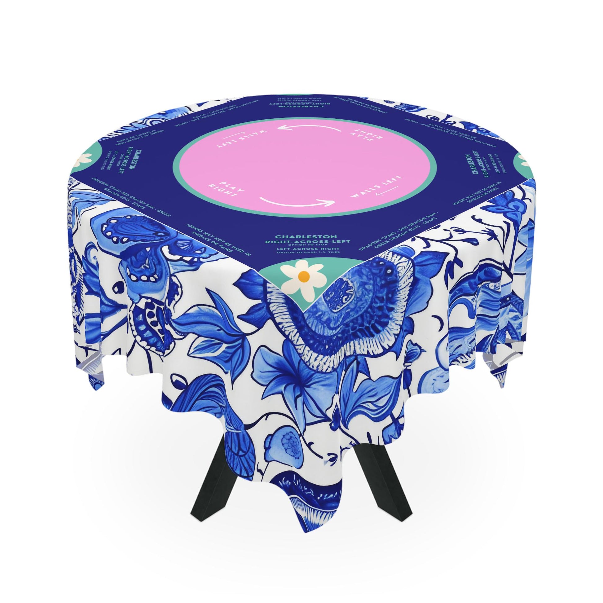 Blue Floral Mahjong Tablecloth - Elegant Daisy Design in Light Purple and White